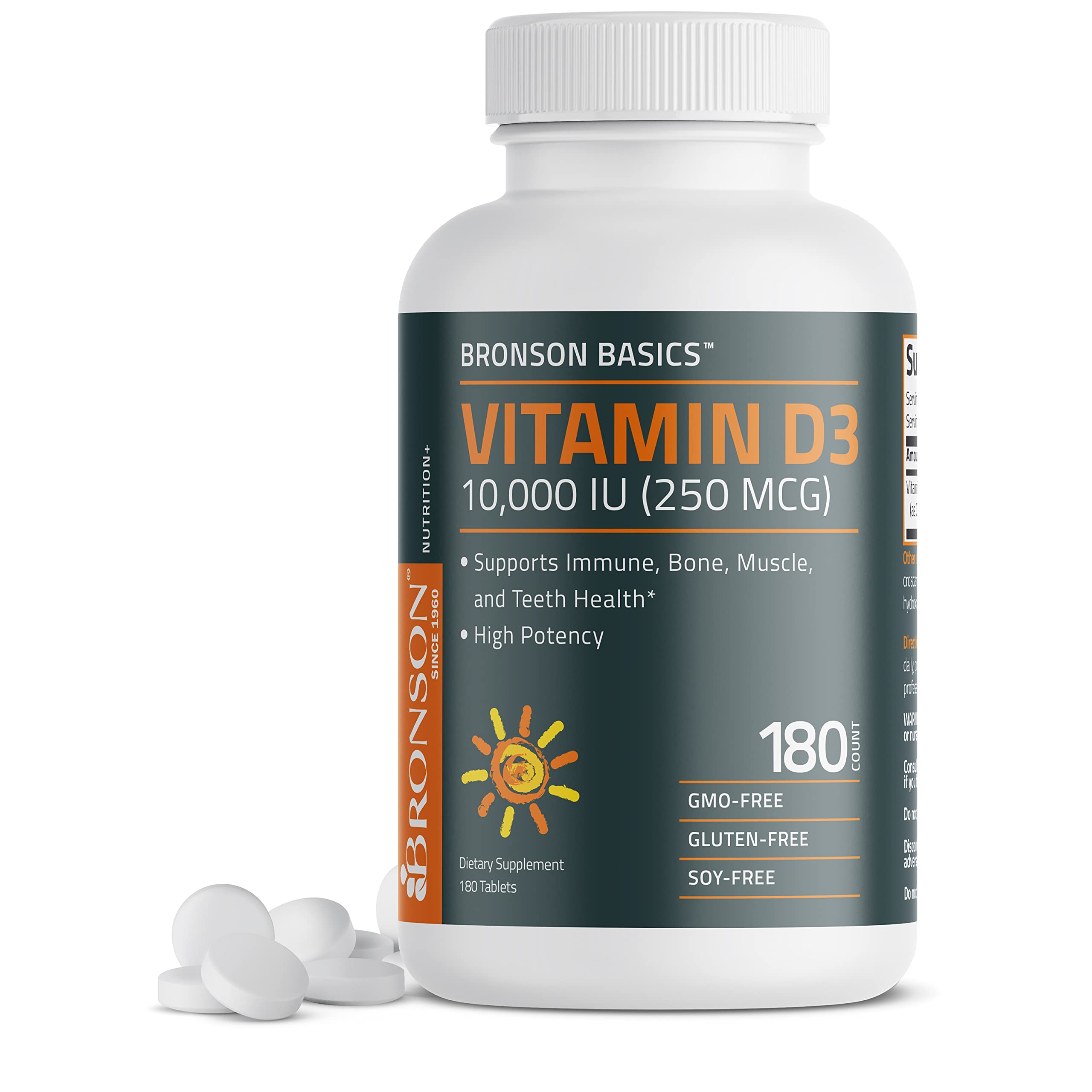 Bronson Vitamin D3 10,000 IU tablet closeup supports daily immune balance