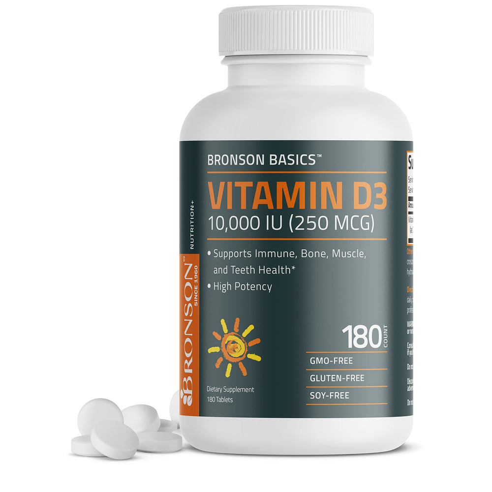 Bronson Vitamin D3 10,000 IU tablet closeup supports daily immune balance