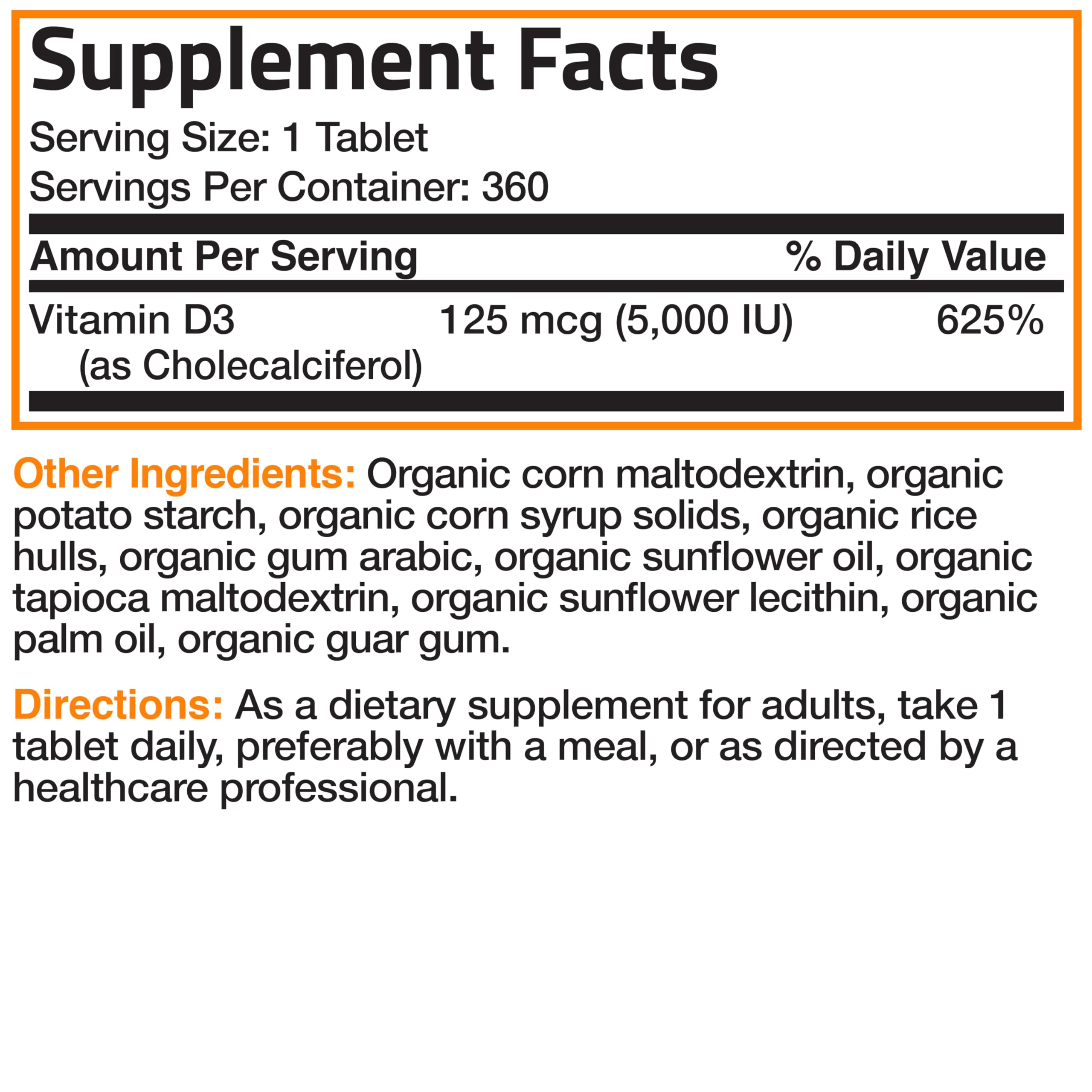 Back panel nutrition facts of Bronson Vitamin D3 bottle