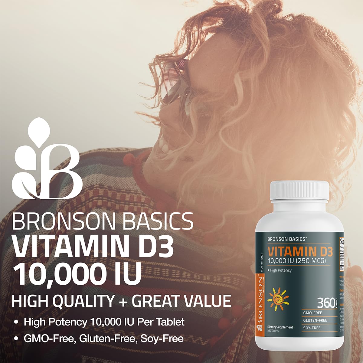 Bronson Vitamin D3 non-GMO and gluten-free badge on label