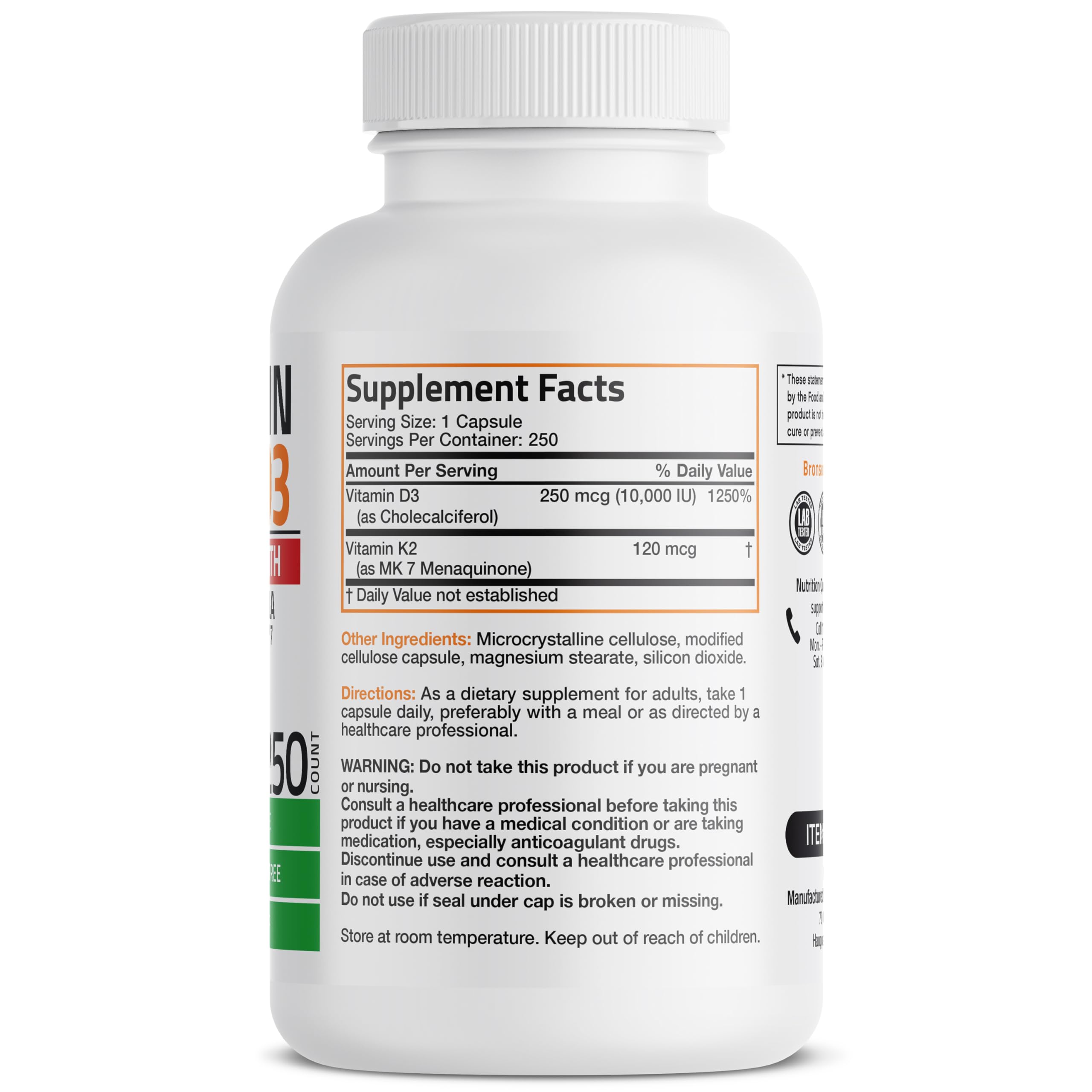 Close-up of label showing 10,000 IU Vitamin D3 and 120 mcg Vitamin K2 MK-7