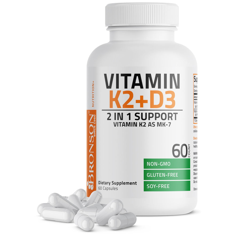 Bronson vitamin K2 D3 MK7 bottle front highlighting calcium support