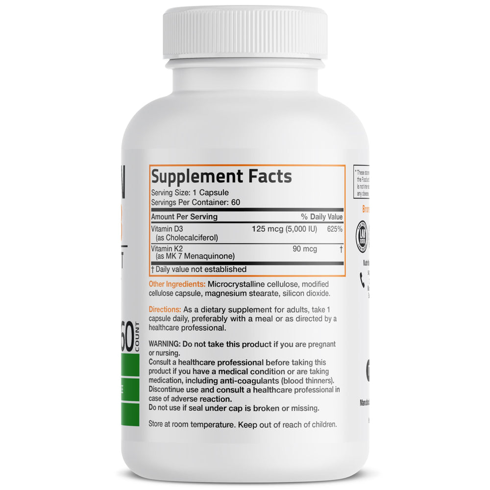 Bronson K2 D3 MK7 capsules closeup showing easy to swallow softgels