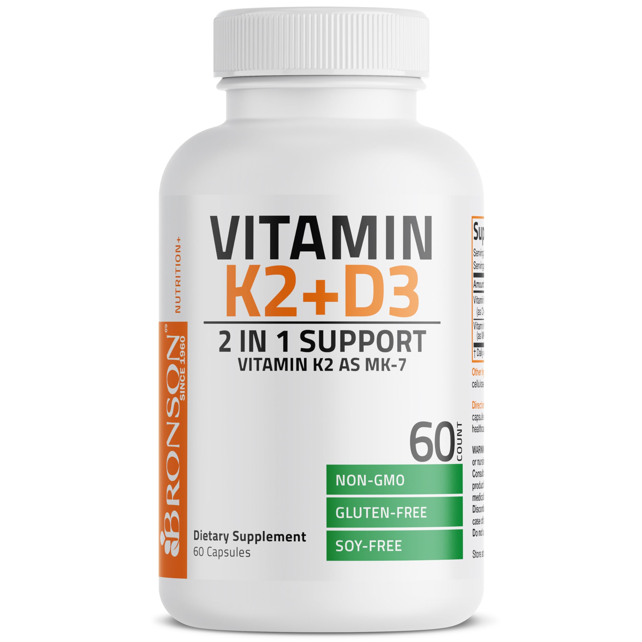 Bronson vitamin K2 D3 MK7 packaging highlights gluten free and soy free formula
