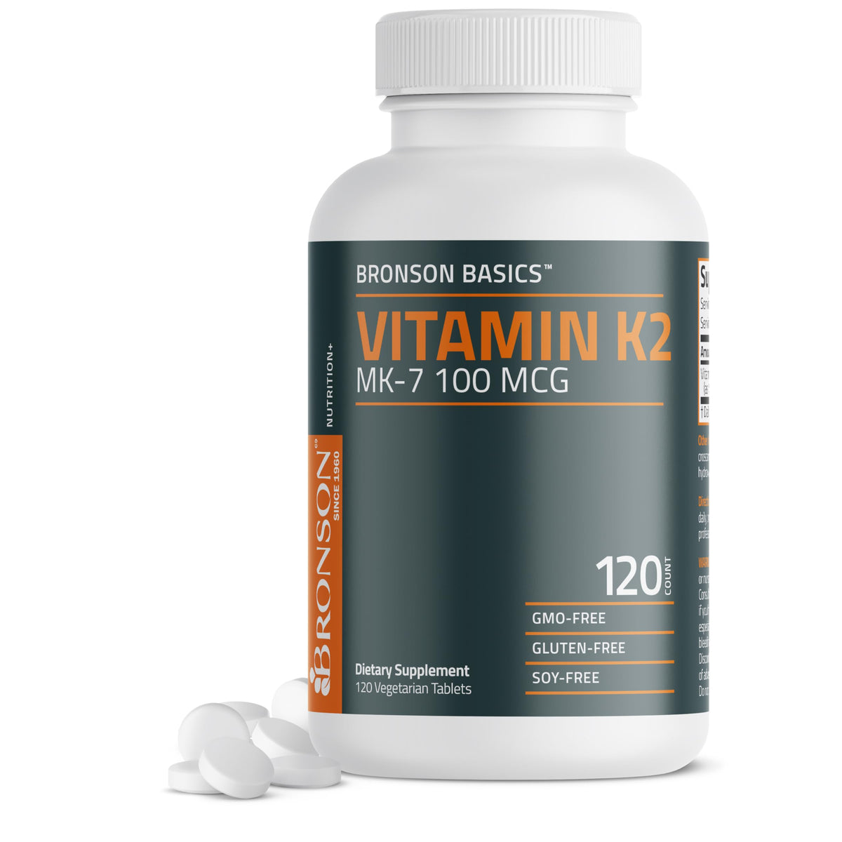 Bronson Vitamin K2 MK-7 100 mcg bottle on white background