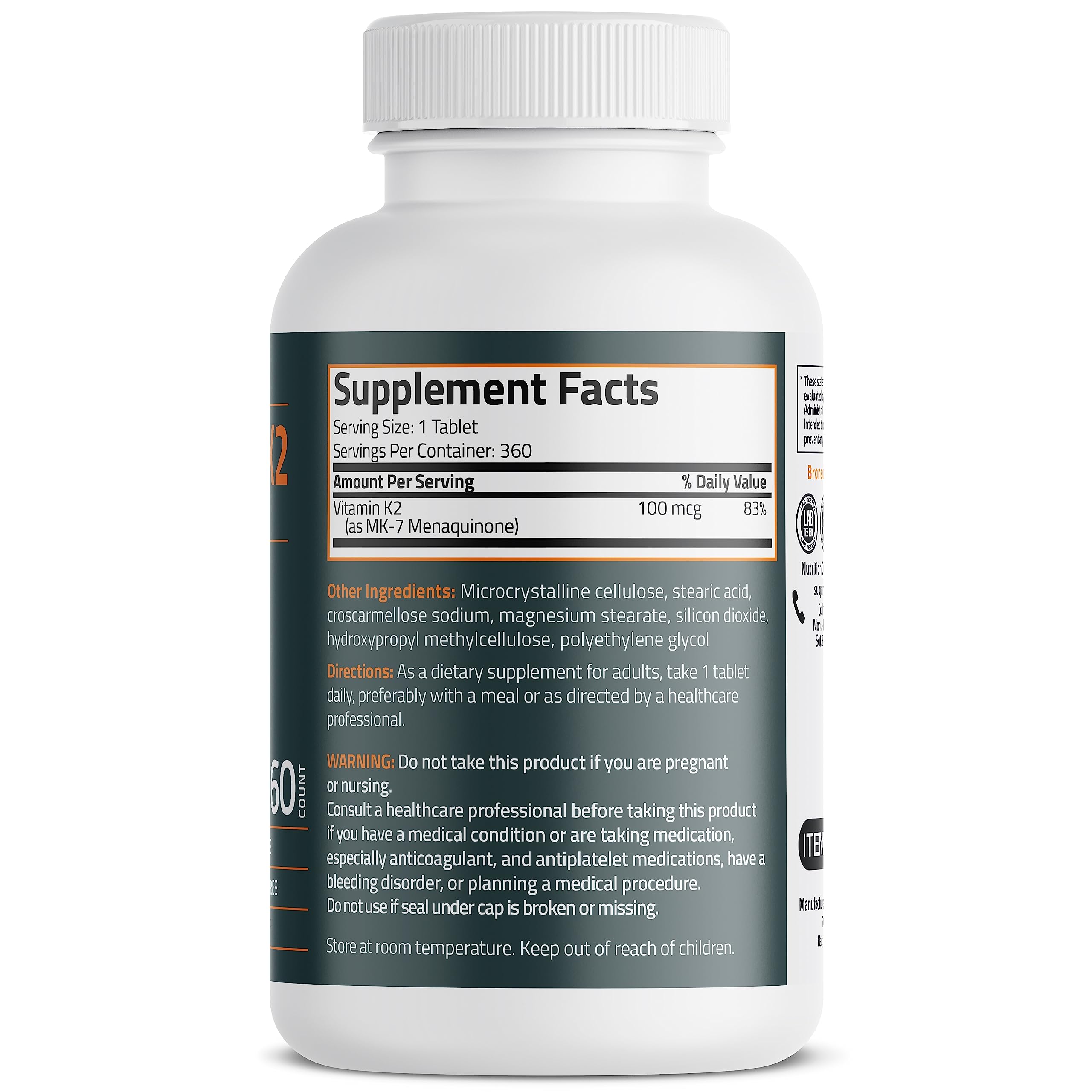 Close-up of Bronson Vitamin K2 MK-7 tablet at 100 mcg