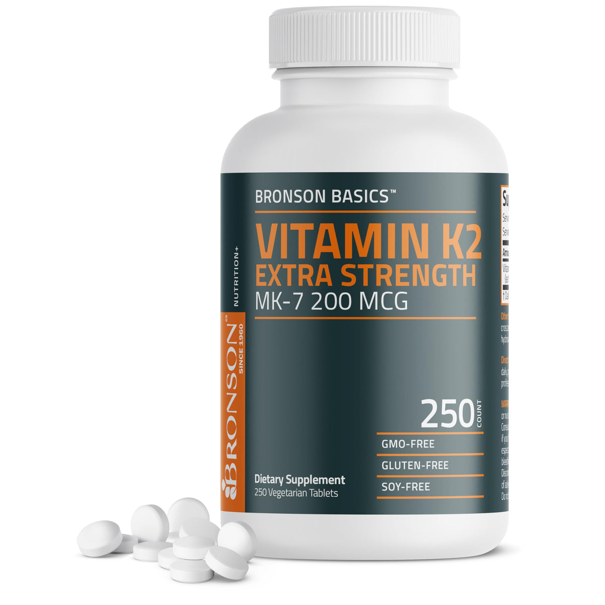 Front view of Bronson Vitamin K2 MK-7 200 mcg Extra Strength vegetarian tablets bottle