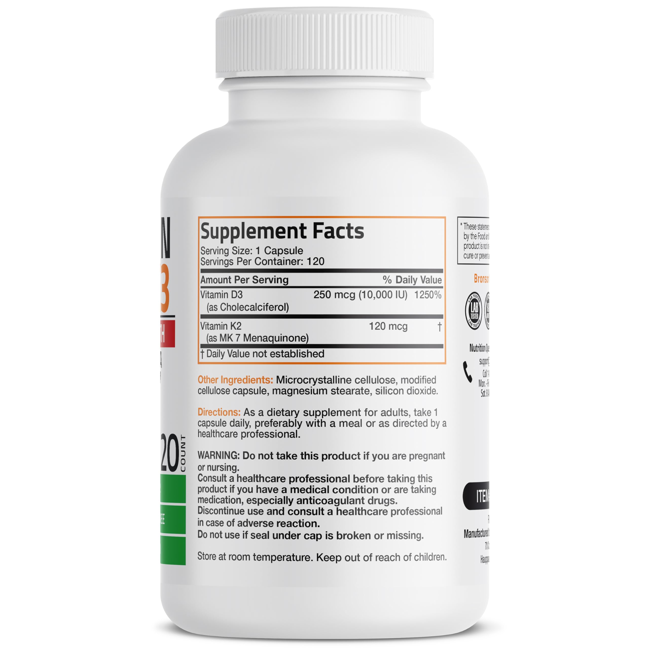 Bronson Vitamin K2 MK-7 with D3 120-capsule packaging