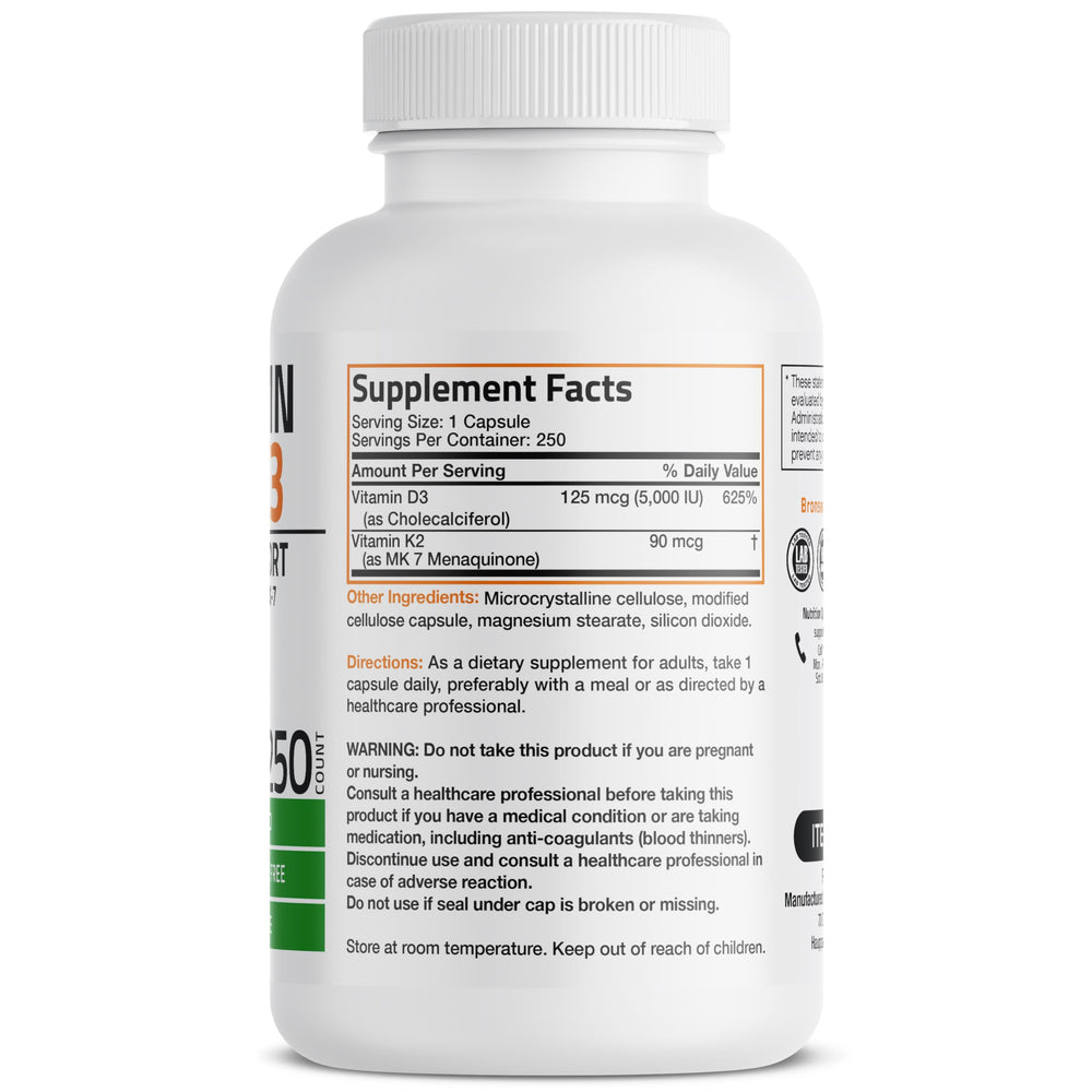 Bronson Vitamin K2 MK7 D3 capsules close-up highlighting easy-to-swallow formulation