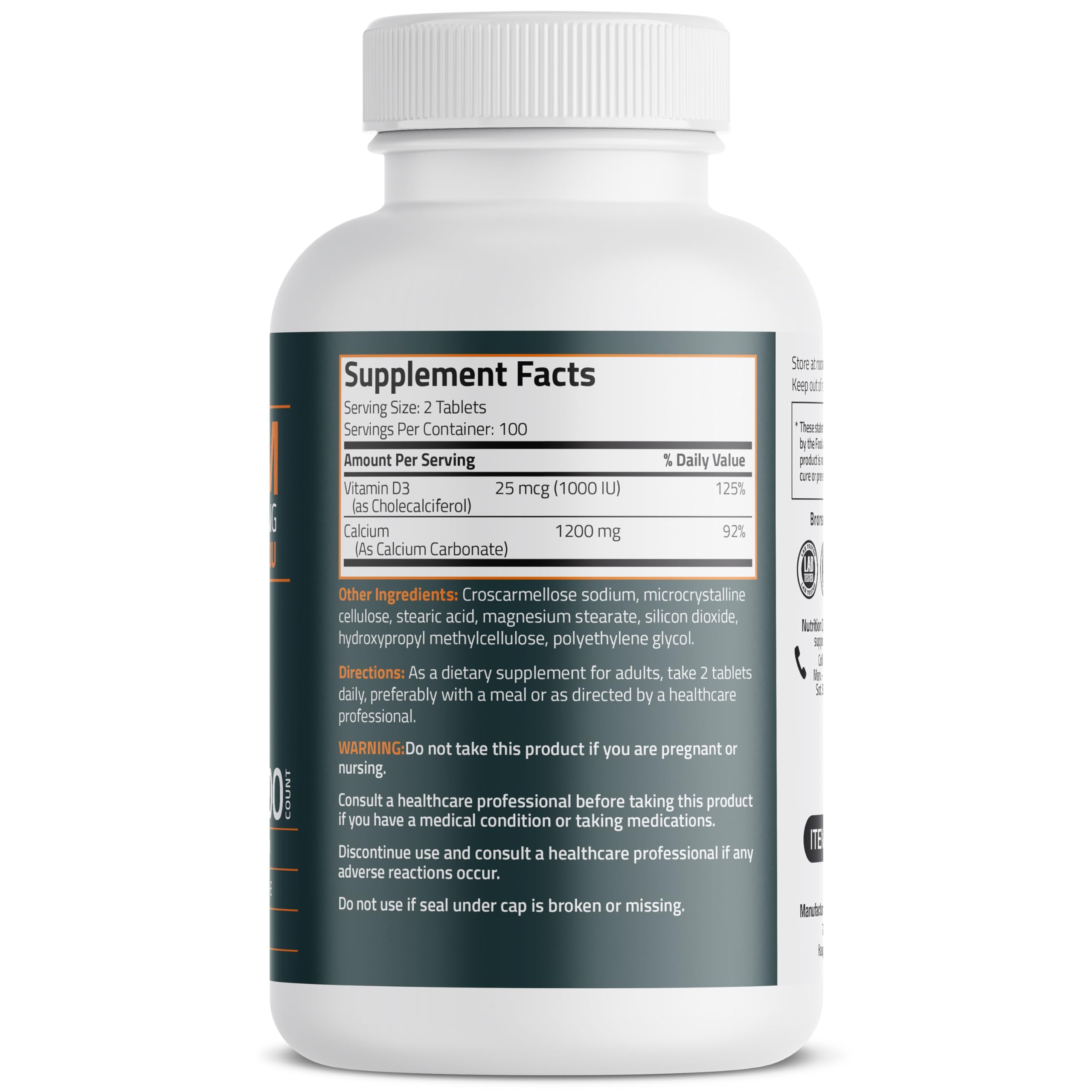 Close-up of Bronson Calcium Plus Vitamin D3 bottle label