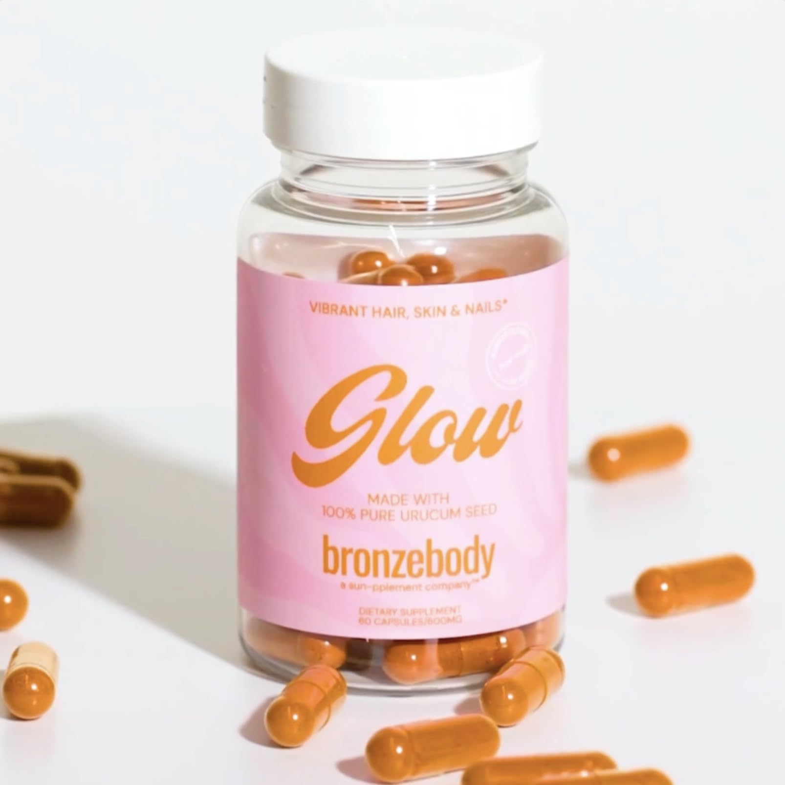 Front view of bronzebody GLOW Capsules bottle