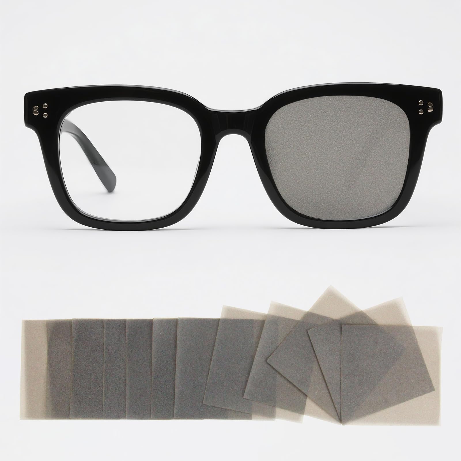 12-pack brown translucent eye patches laid out on a display