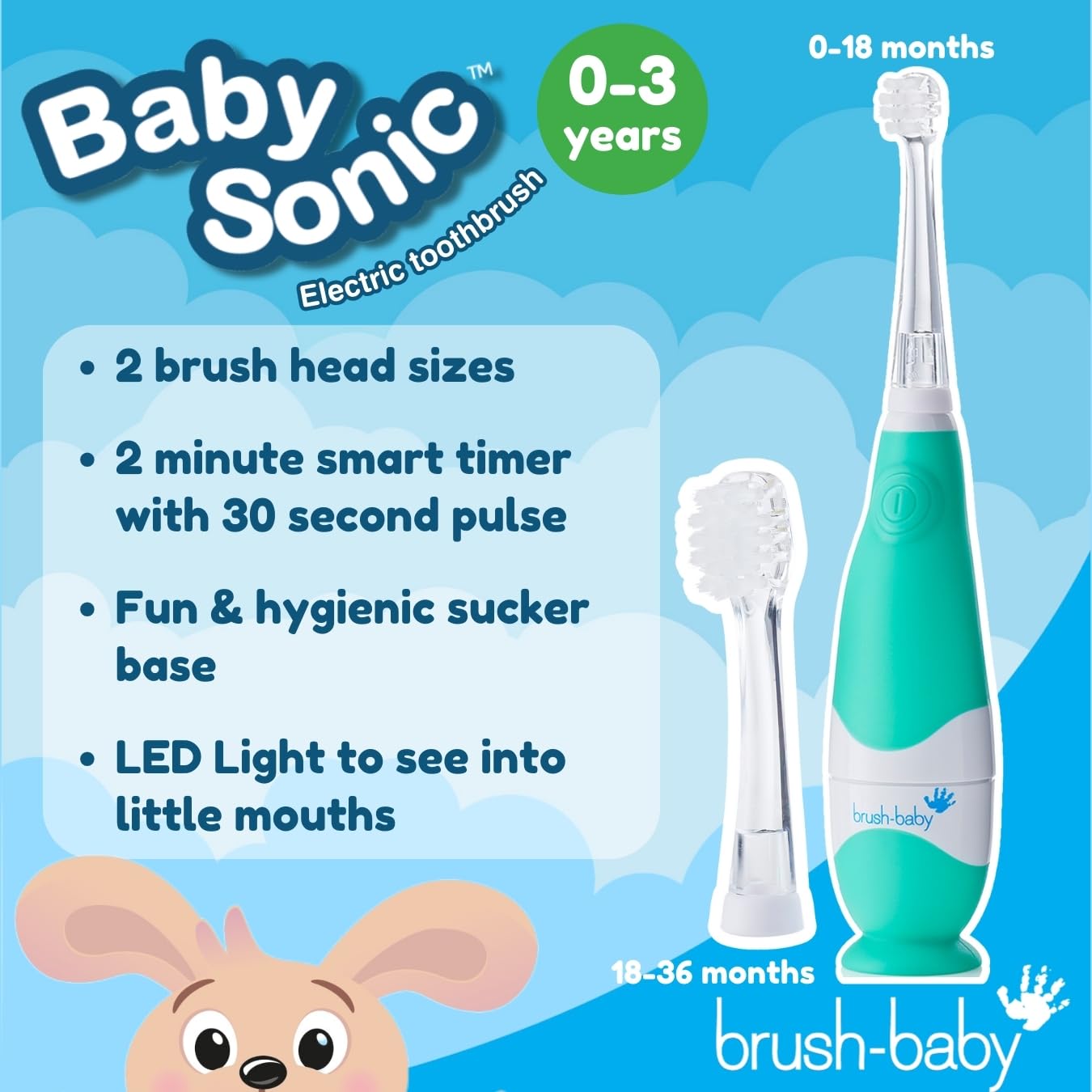 Angled view of brush-baby BabySonic teal toothbrush