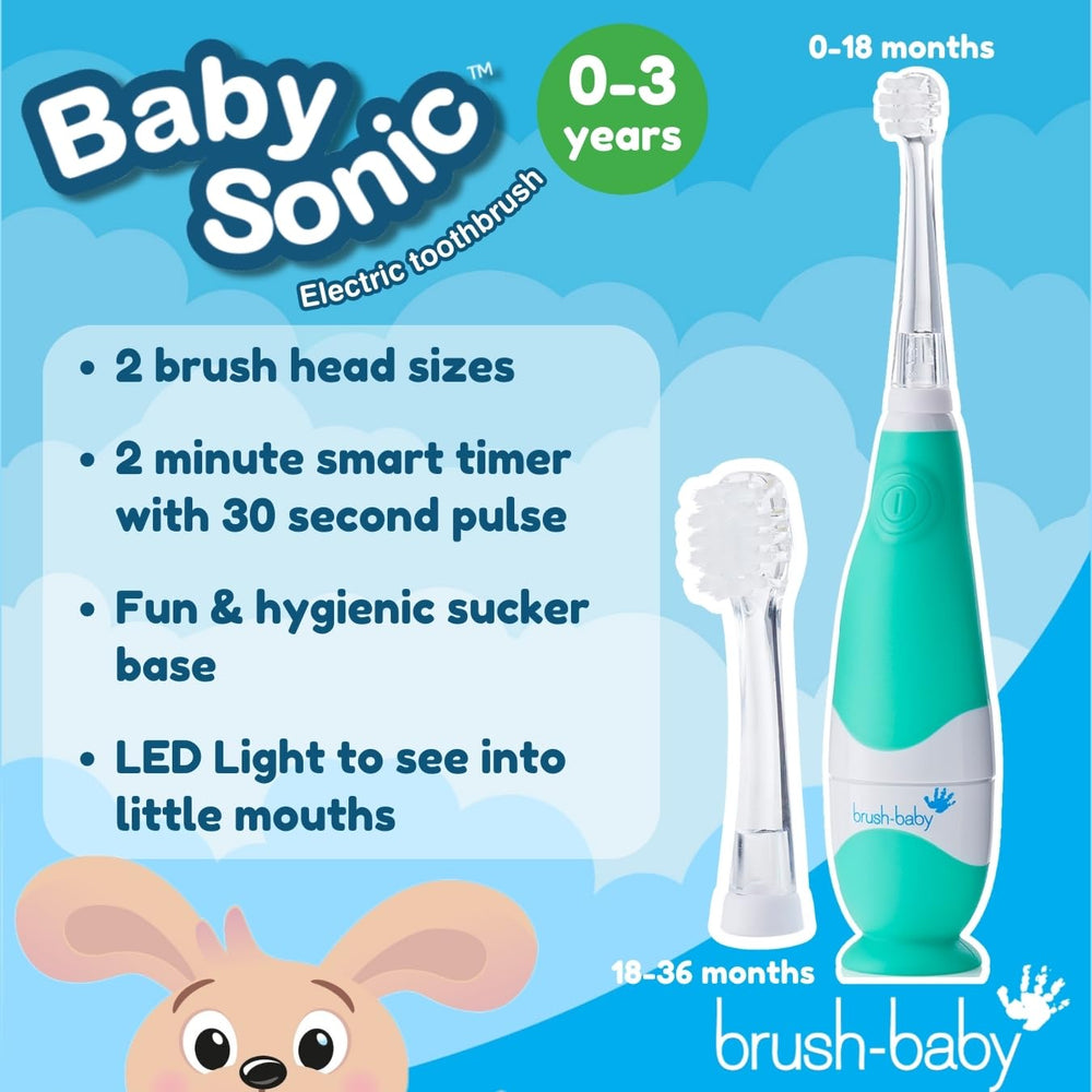 Angled view of brush-baby BabySonic teal toothbrush
