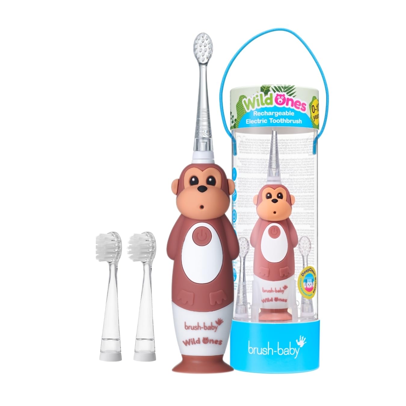 Side view of the Monkey Brush-Baby WildOnes toothbrush with easy grip