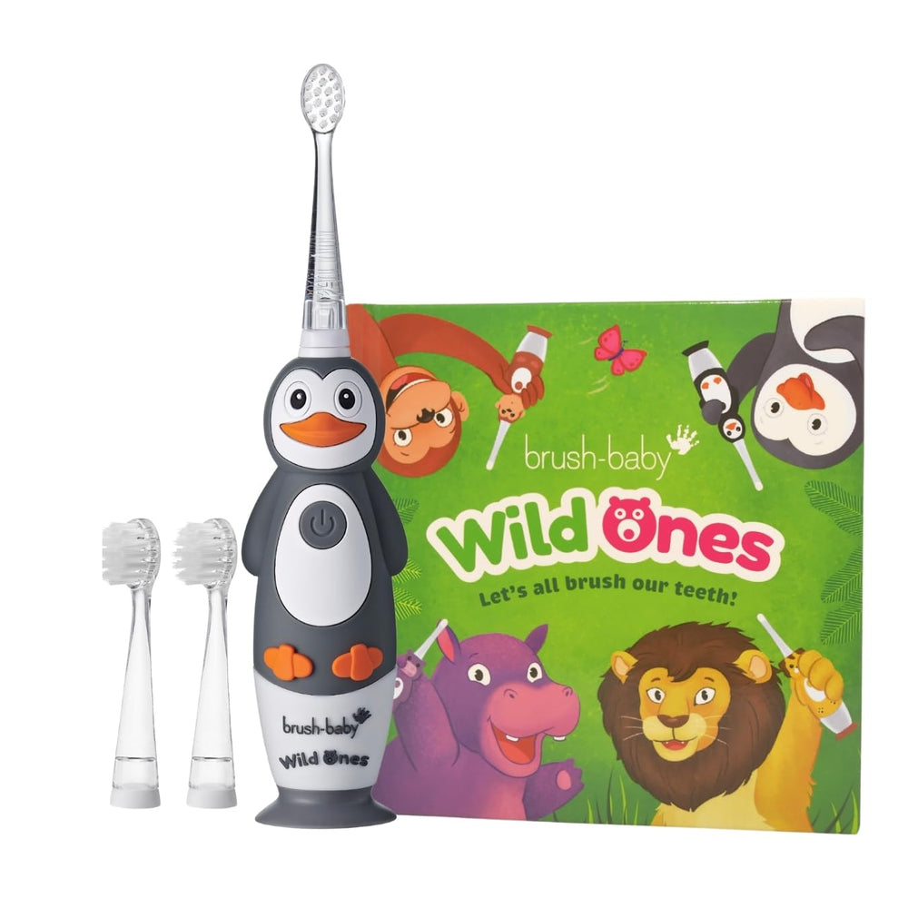 Penguin-themed Brush-Baby electric toothbrush front view