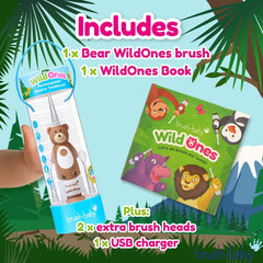Close-up of kid-friendly brush head and easy-grip handle