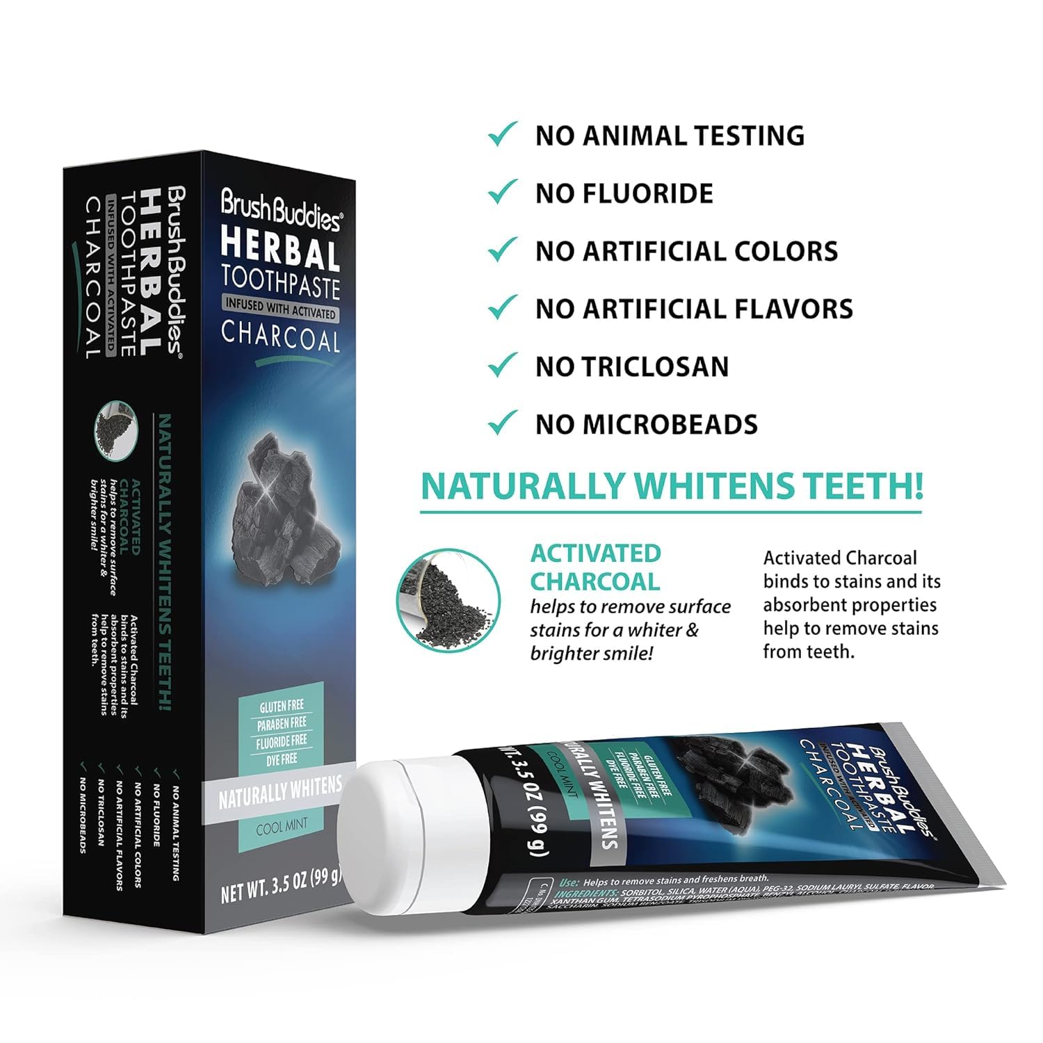 Fluoride-free packaging of Brush Buddies Charcoal Toothpaste