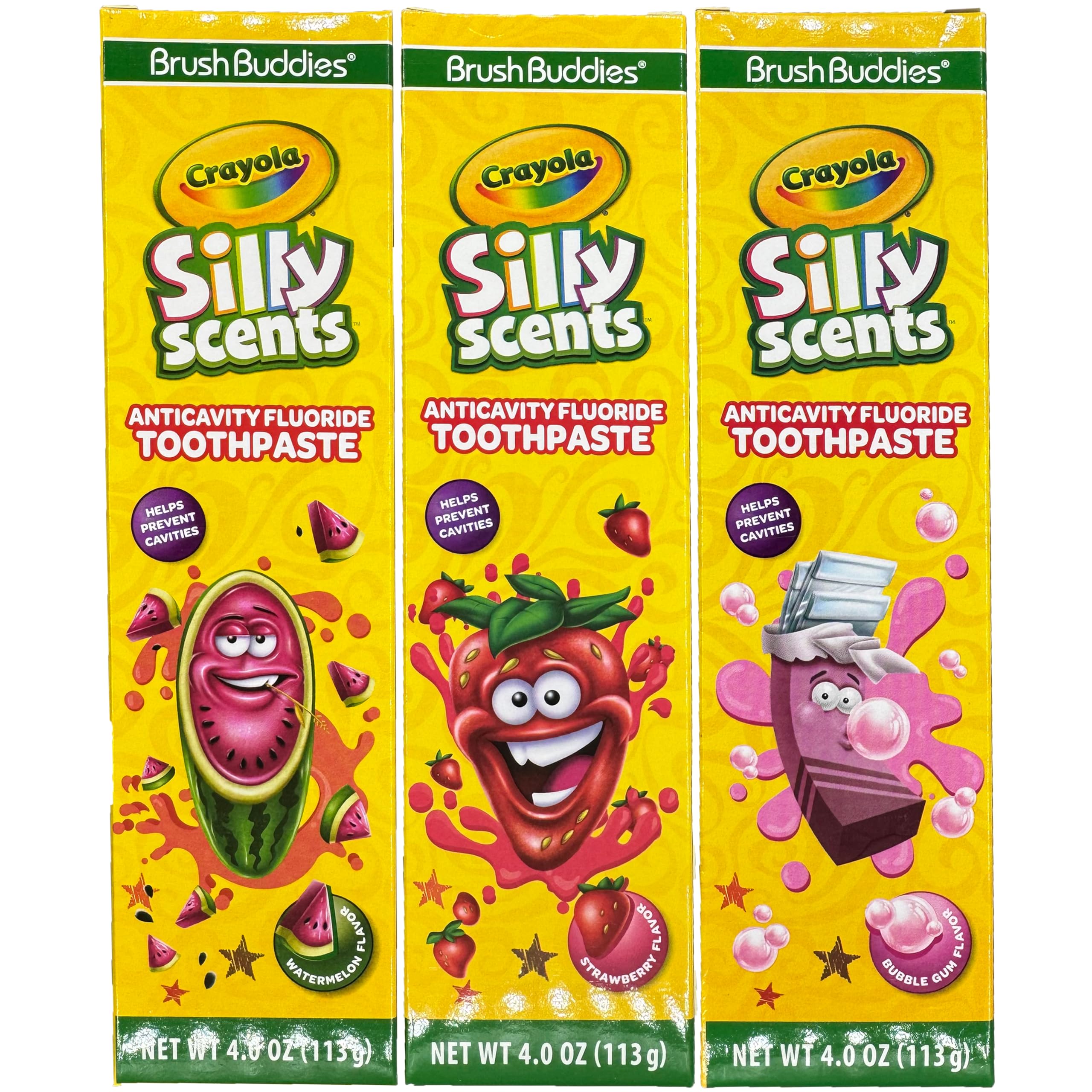 Brush Buddies Silly Scents 4oz Anticavity Fluoride Toothpaste 3pk in Strawberry, Watermelon, and Bubble Gum flavors with playful packaging