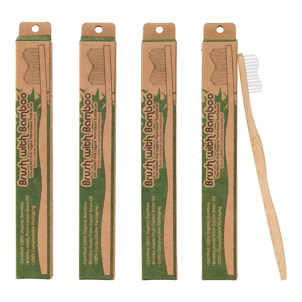 Front view of bamboo toothbrush with plant-based bristles