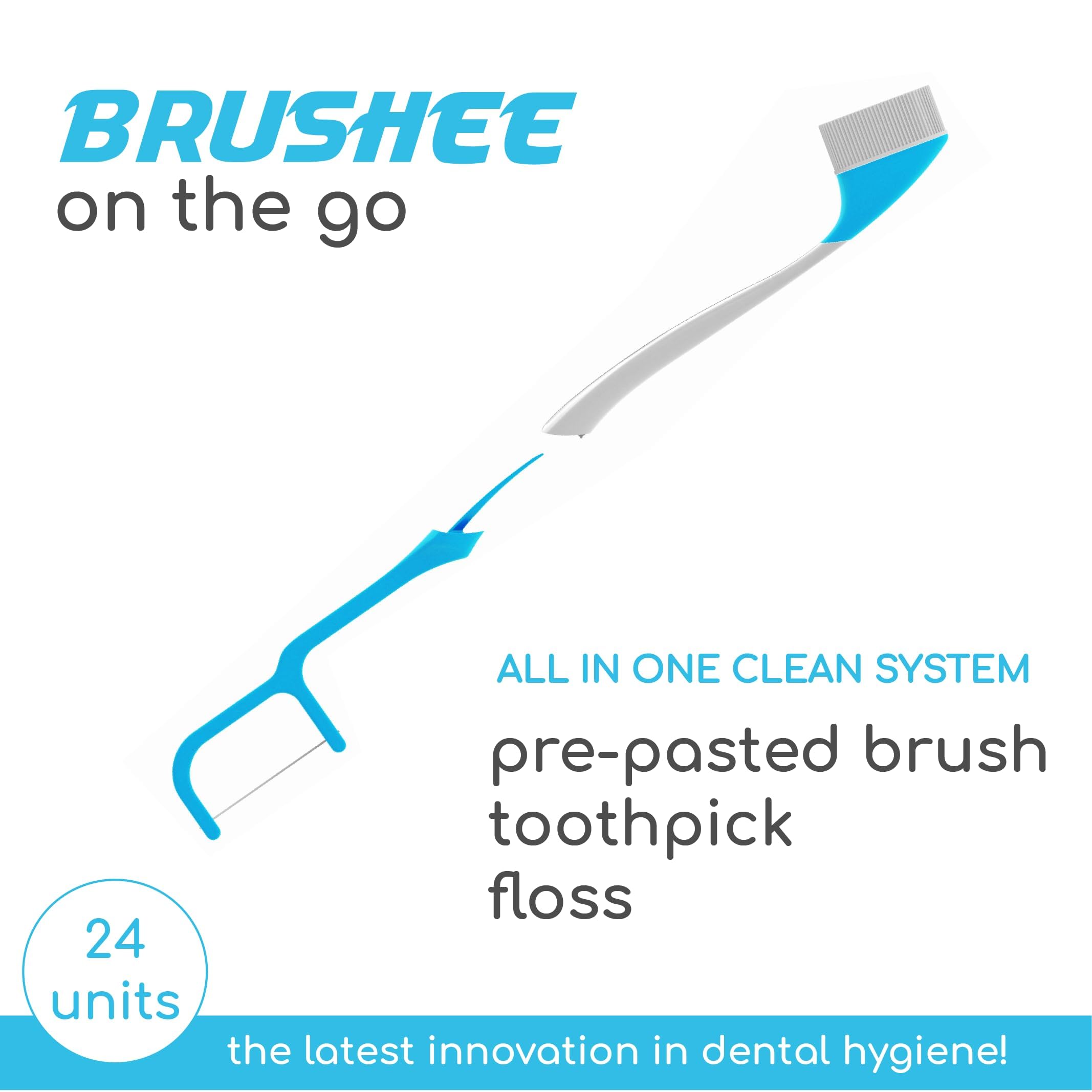 Brushee close-up showing built-in floss and toothpick