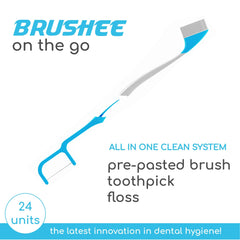 Brushee close-up showing built-in floss and toothpick