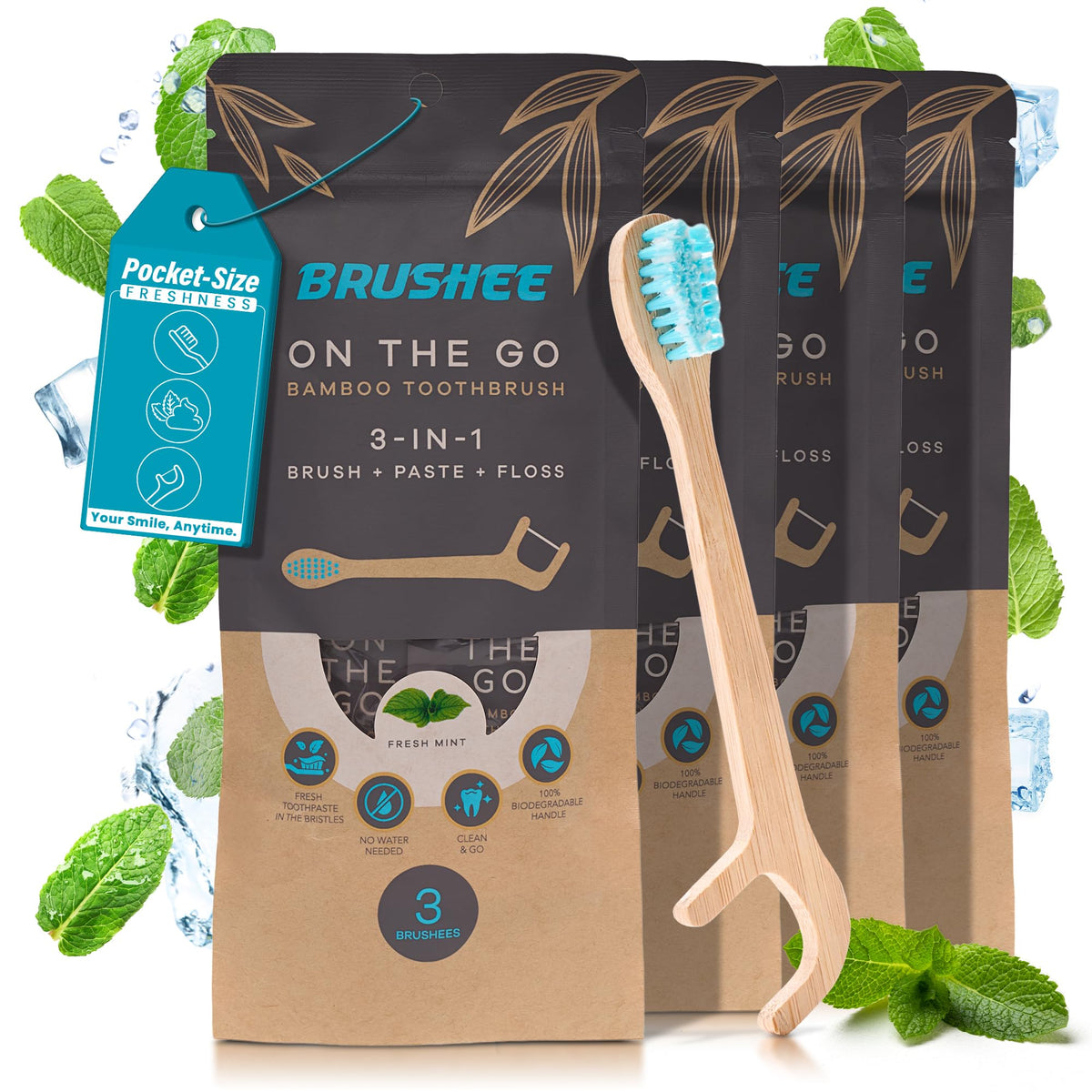 Brushee 12 pack bamboo toothbrush kit front view