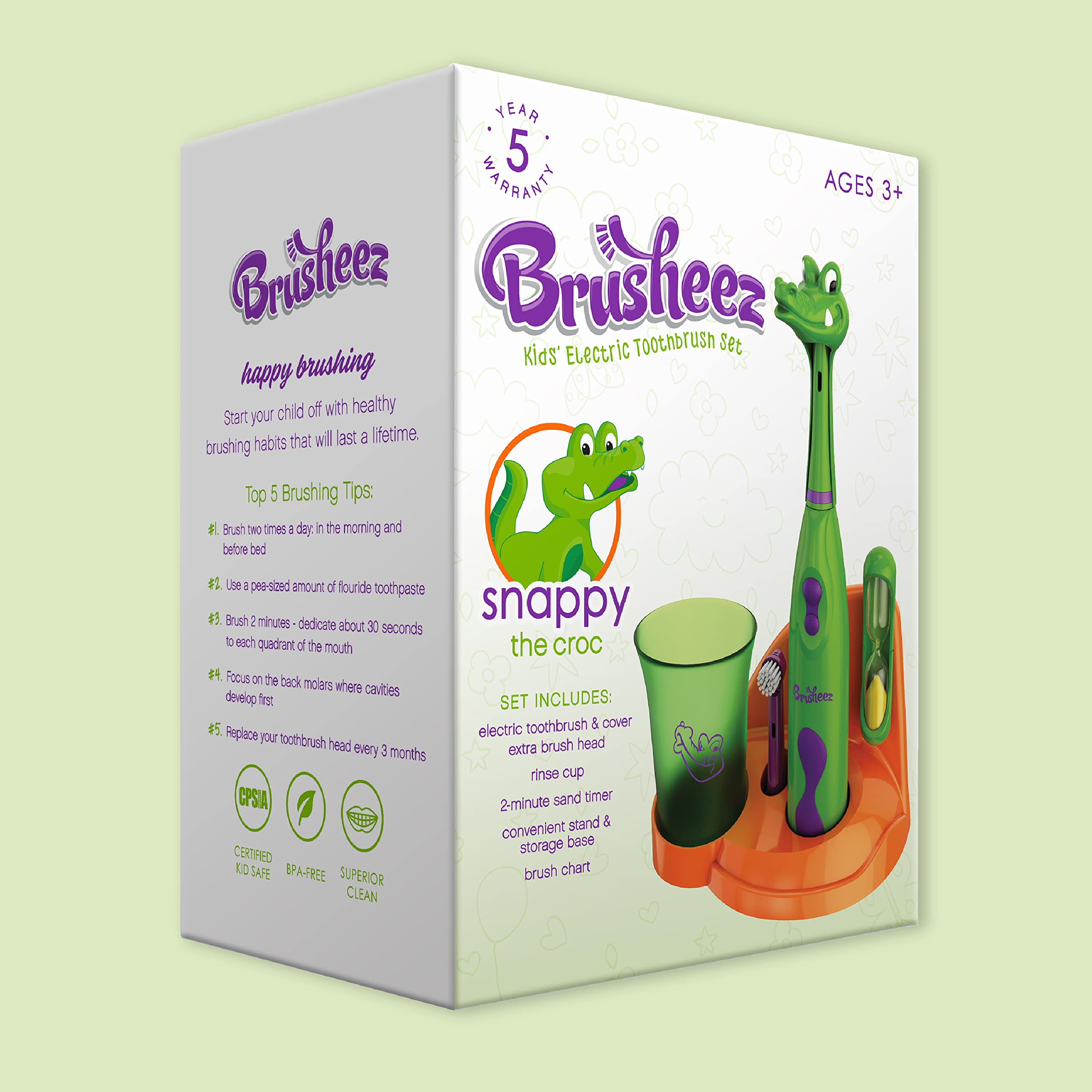 Brusheez product packaging showing 5-year warranty