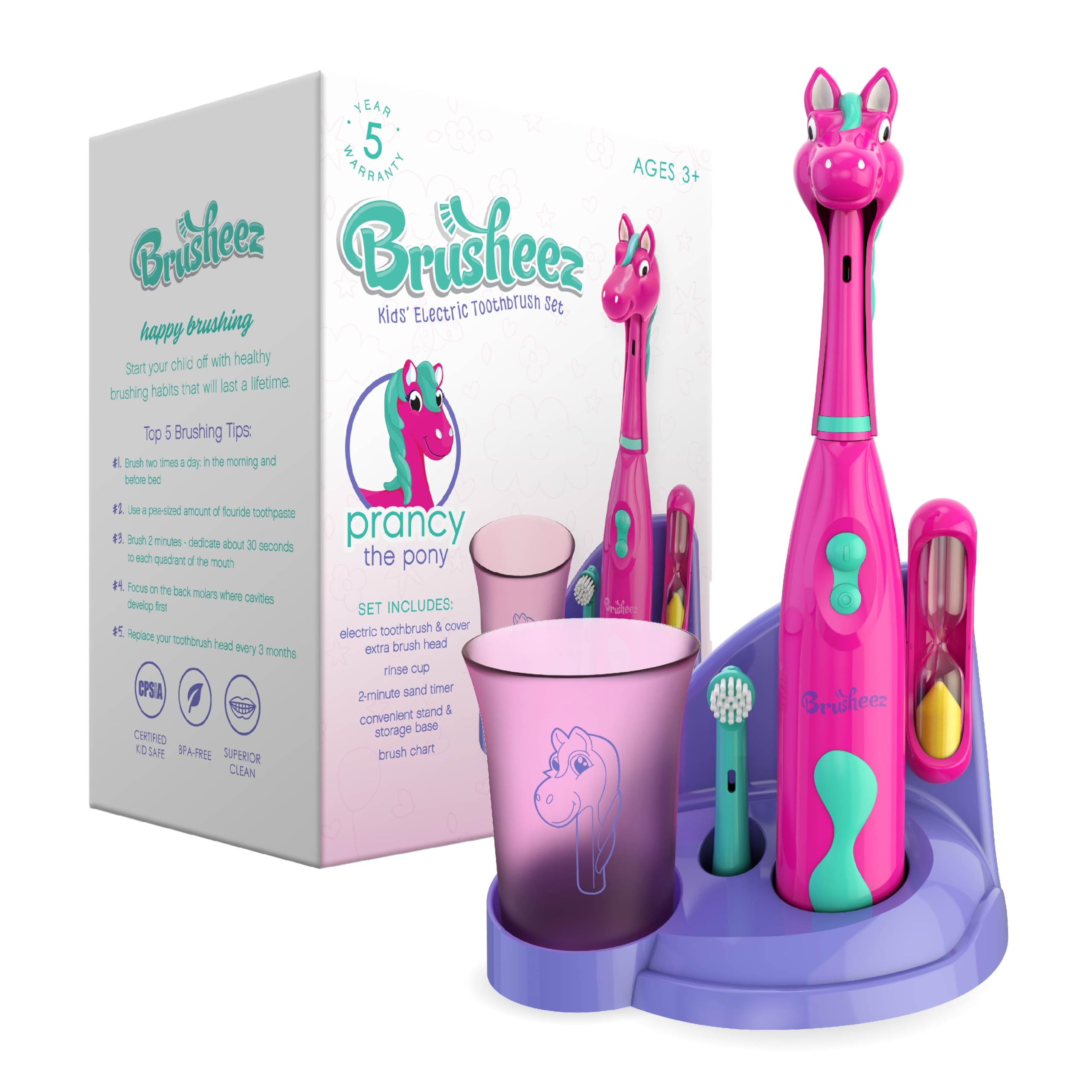 Brusheez Kids’ Electric Toothbrush Set featuring Prancy the Pony design for ages 3+