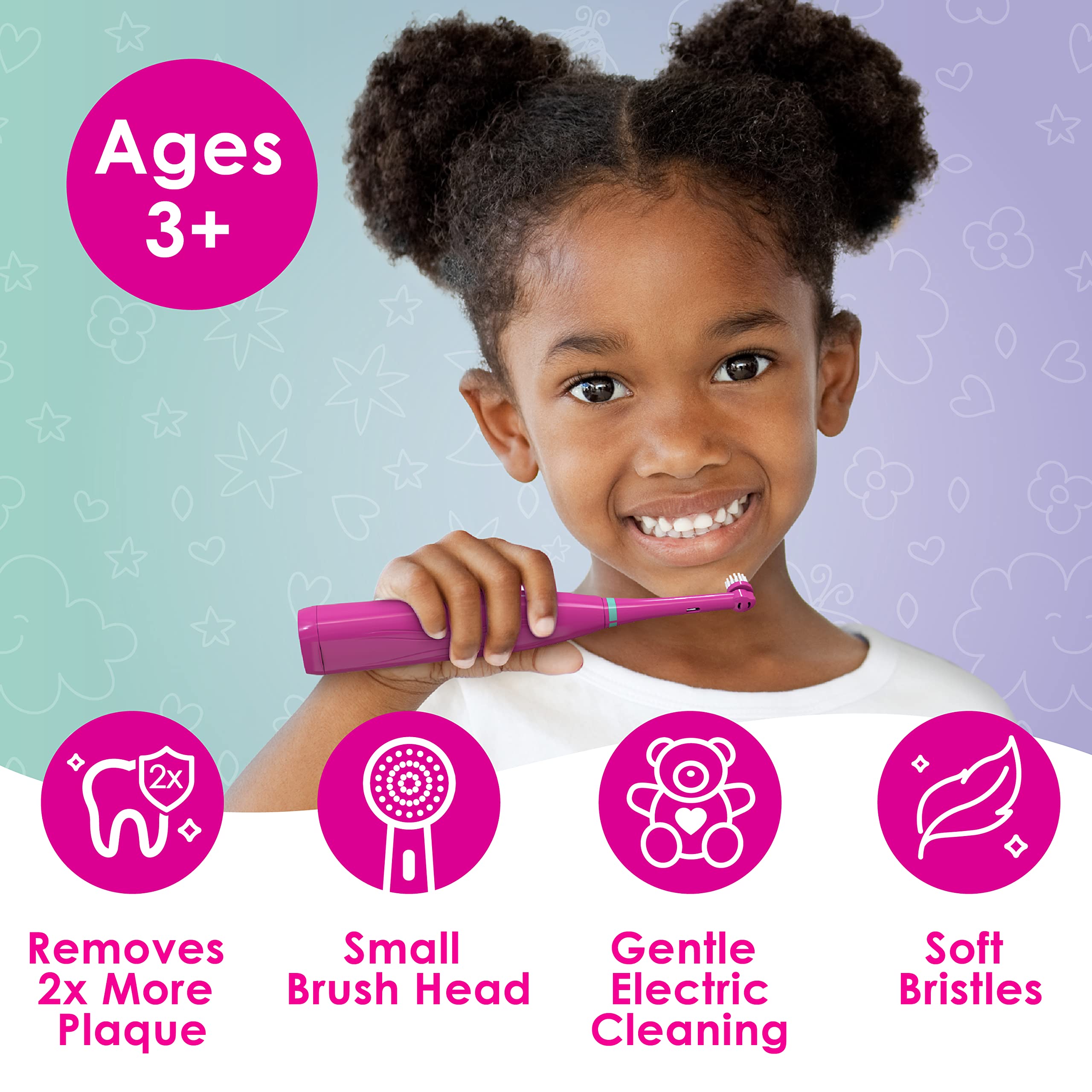 Front view of Brusheez kid-friendly electric toothbrush with soft bristles