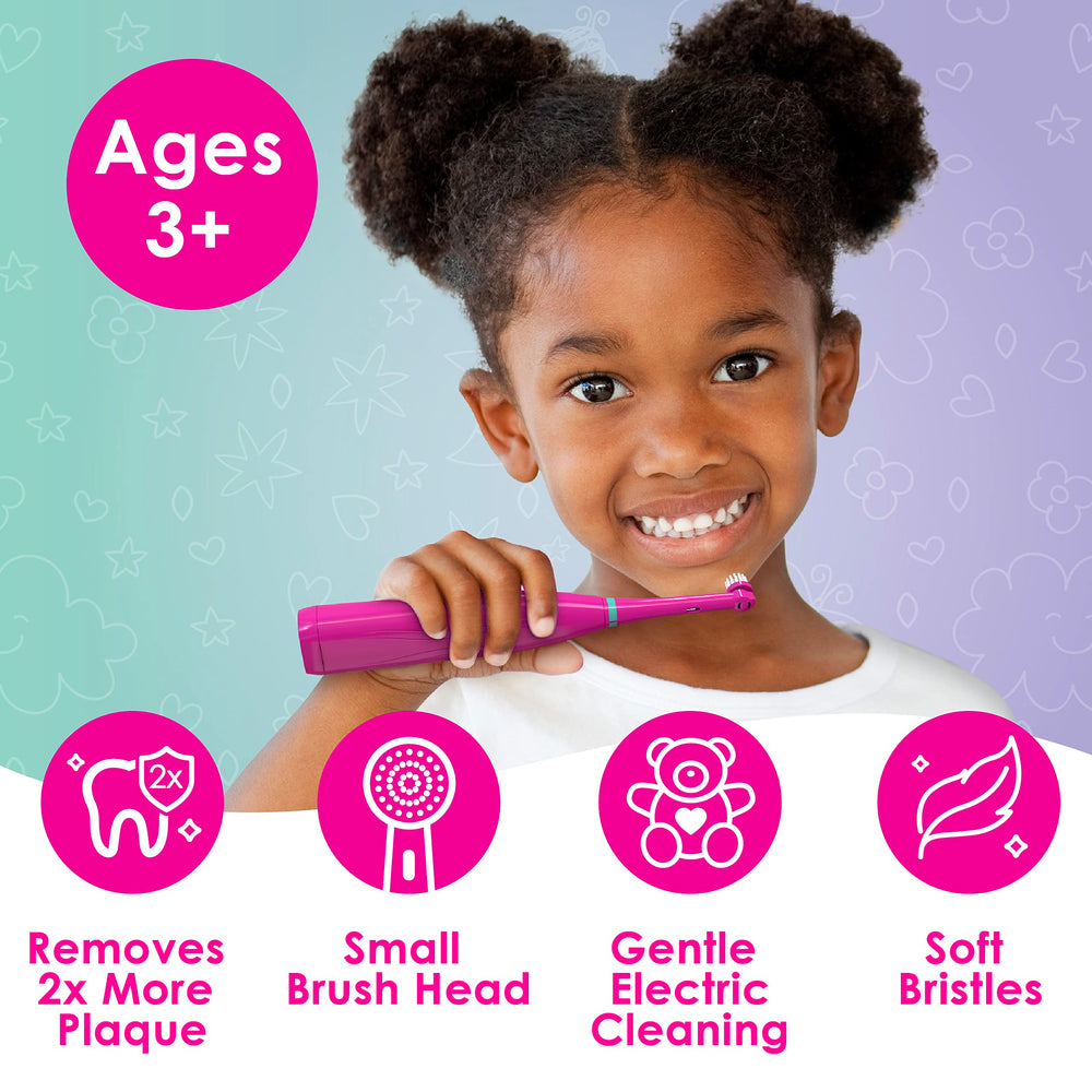 Front view of Brusheez kid-friendly electric toothbrush with soft bristles