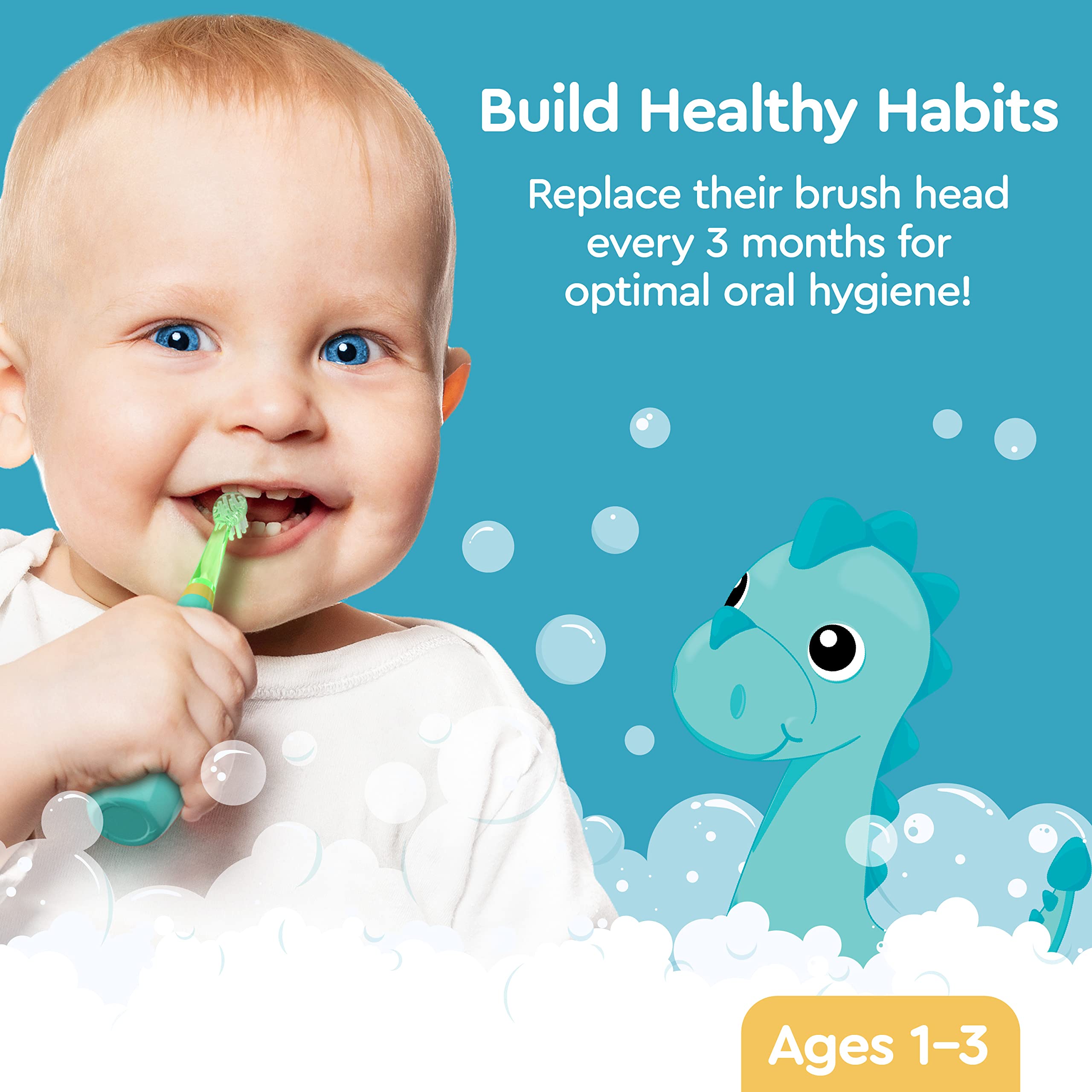 Light-up timer indicators from green to blue to yellow to red on a toddler toothbrush