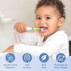 Age-1-3 safe and gentle brush heads with timer feature
