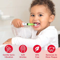 Light-up timer on toothbrush showing green, blue, yellow, and red.