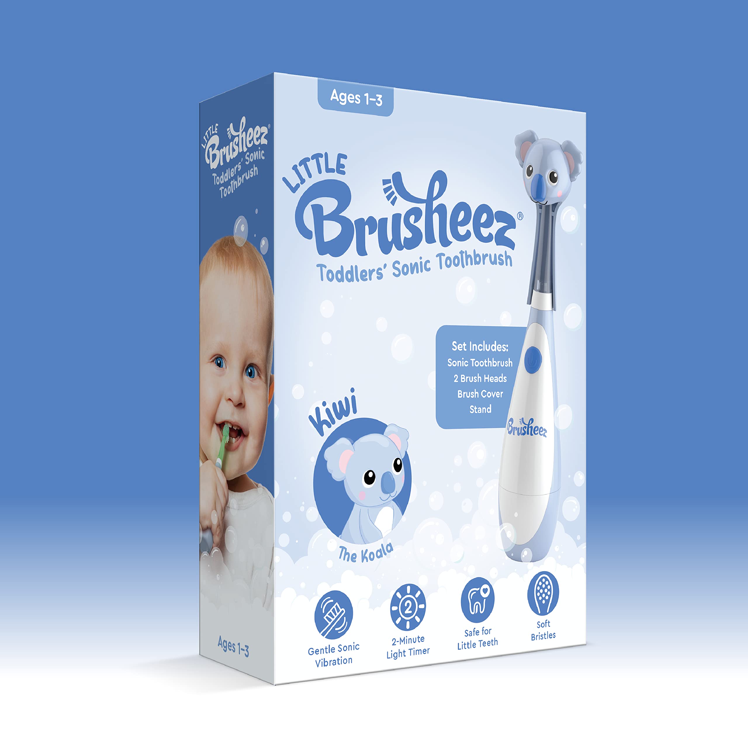 Packaging and included items for Brusheez toddler toothbrush