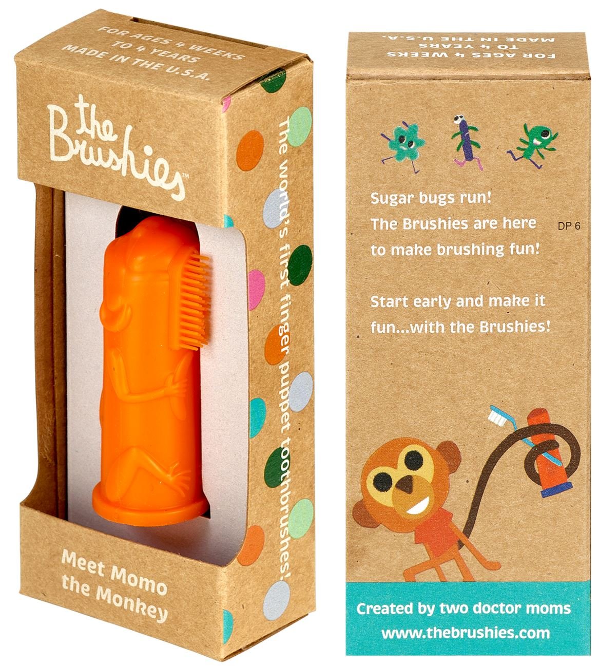 Brushies Momo Monkey baby toothbrush in bright silicone, close-up