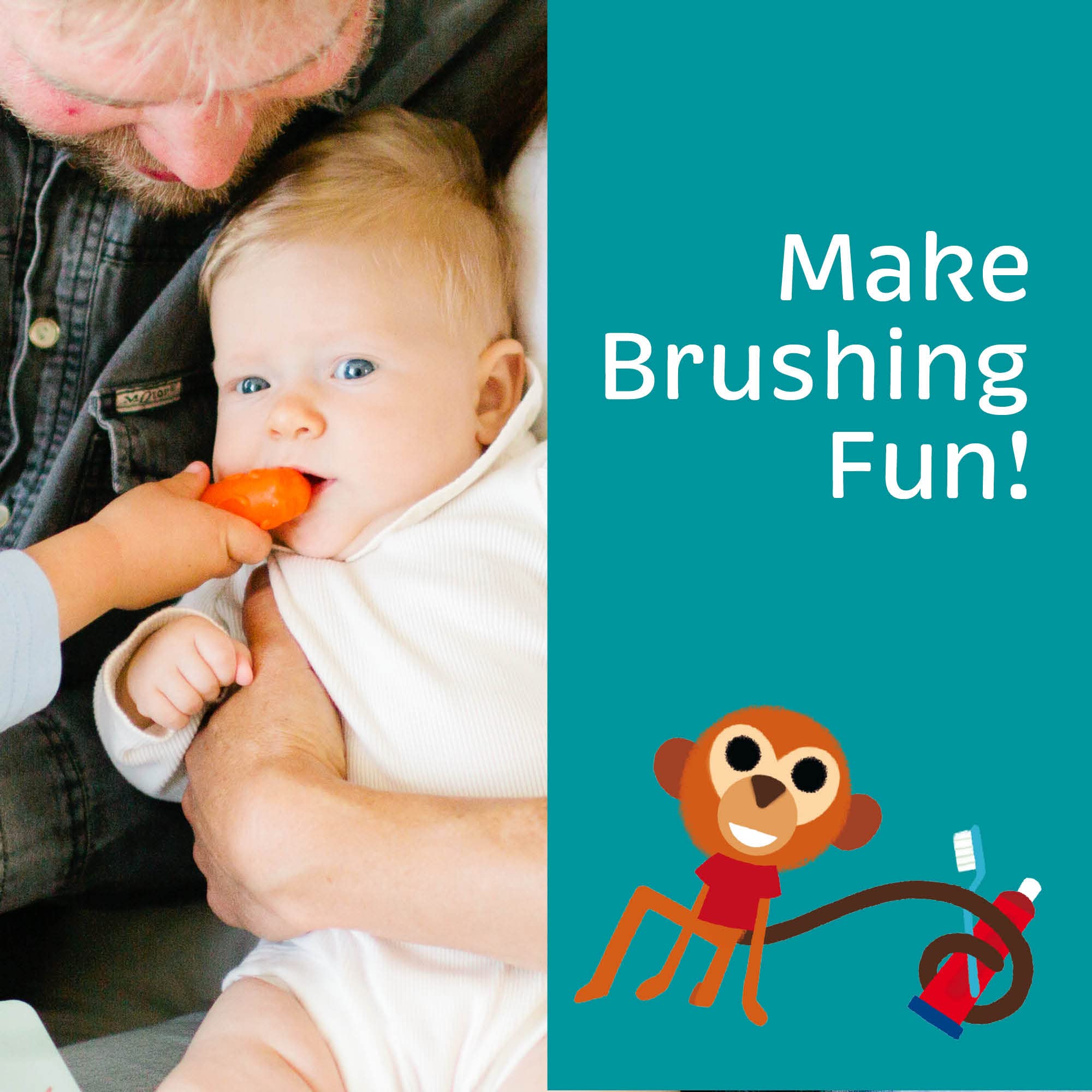 Close-up of Brushies Momo Monkey baby's toothbrush with colorful bristles
