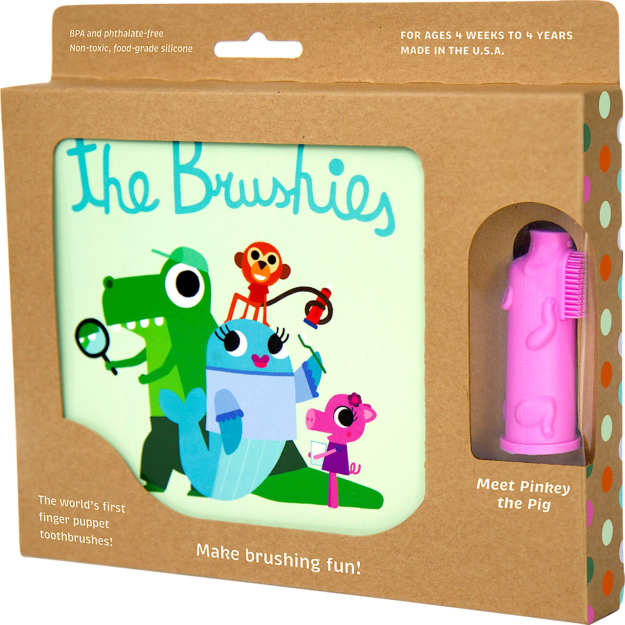 Front view of Brushies Pinkey Pig toddler toothbrush and storybook set
