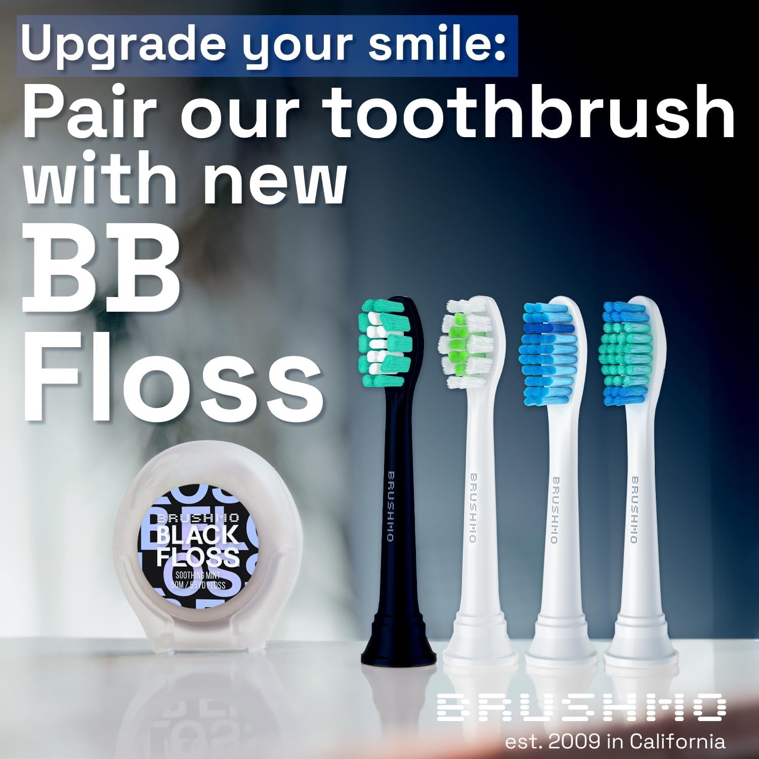 Packaging for an 8-pack of Brushmo whitening replacement heads