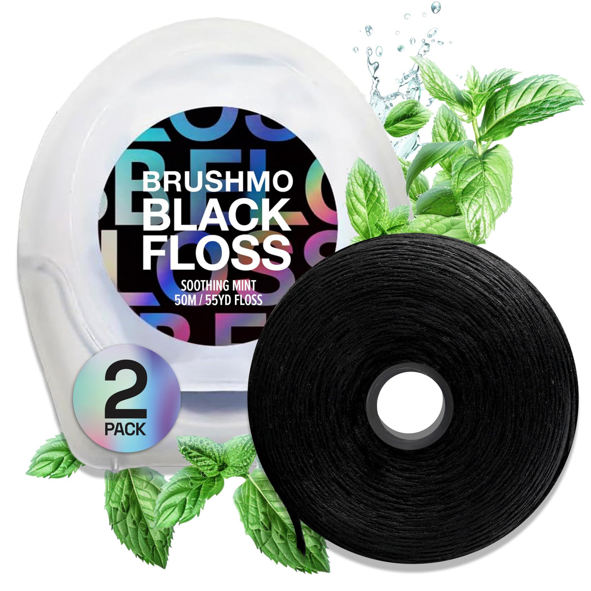 Hero image showing Brushmo Black Floss with two spools and 110 yards