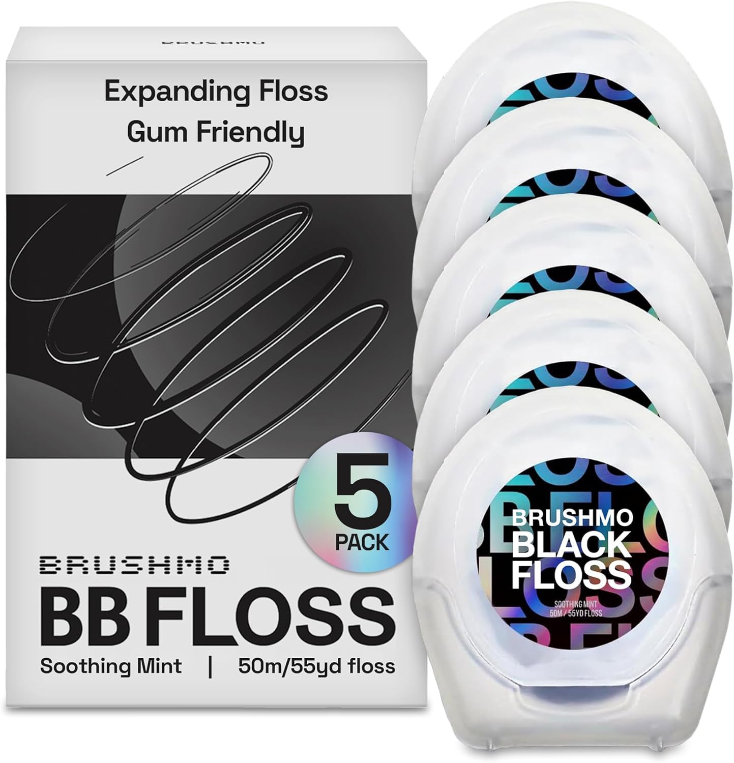 Brushmo Black Floss BBFloss packaging with 5 spools (275 yd total)