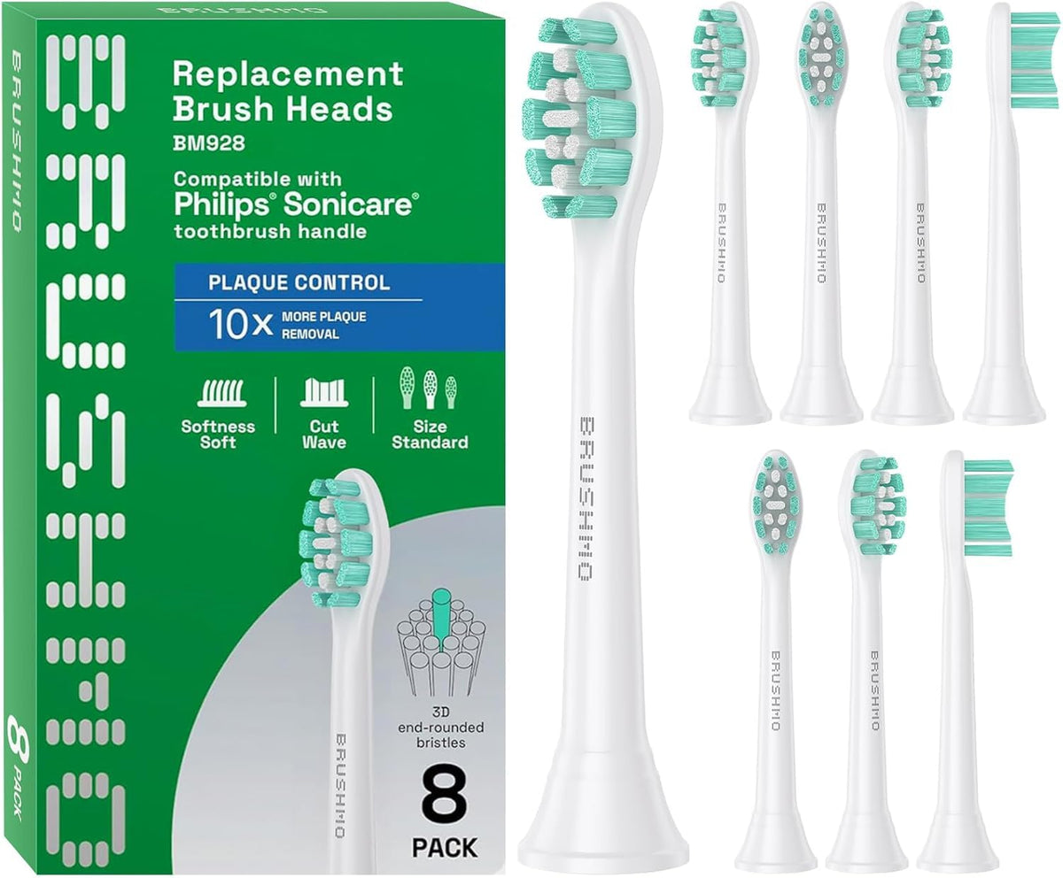 Brushmo BM928 8-pack plaque control replacement heads in white, front view