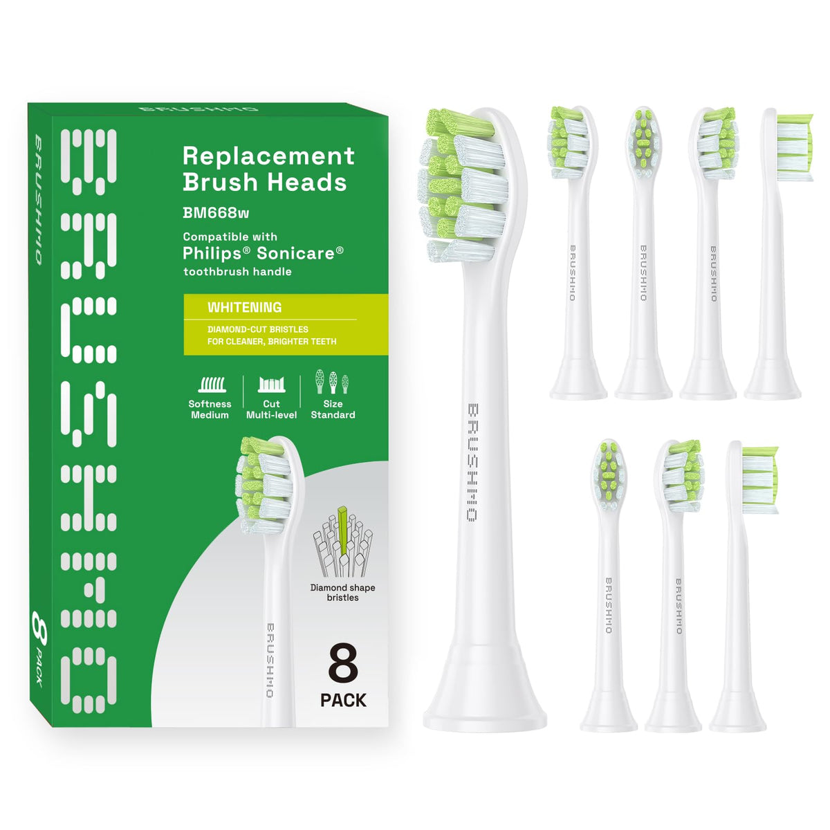 Brushmo Diamond-Shape Whitening Replacement Heads 8-pack - front view