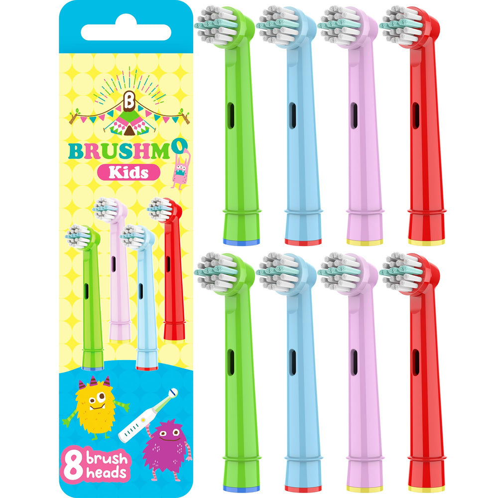 Brushmo Kids Toothbrush Replacement Heads 8-pack display with diverse colors