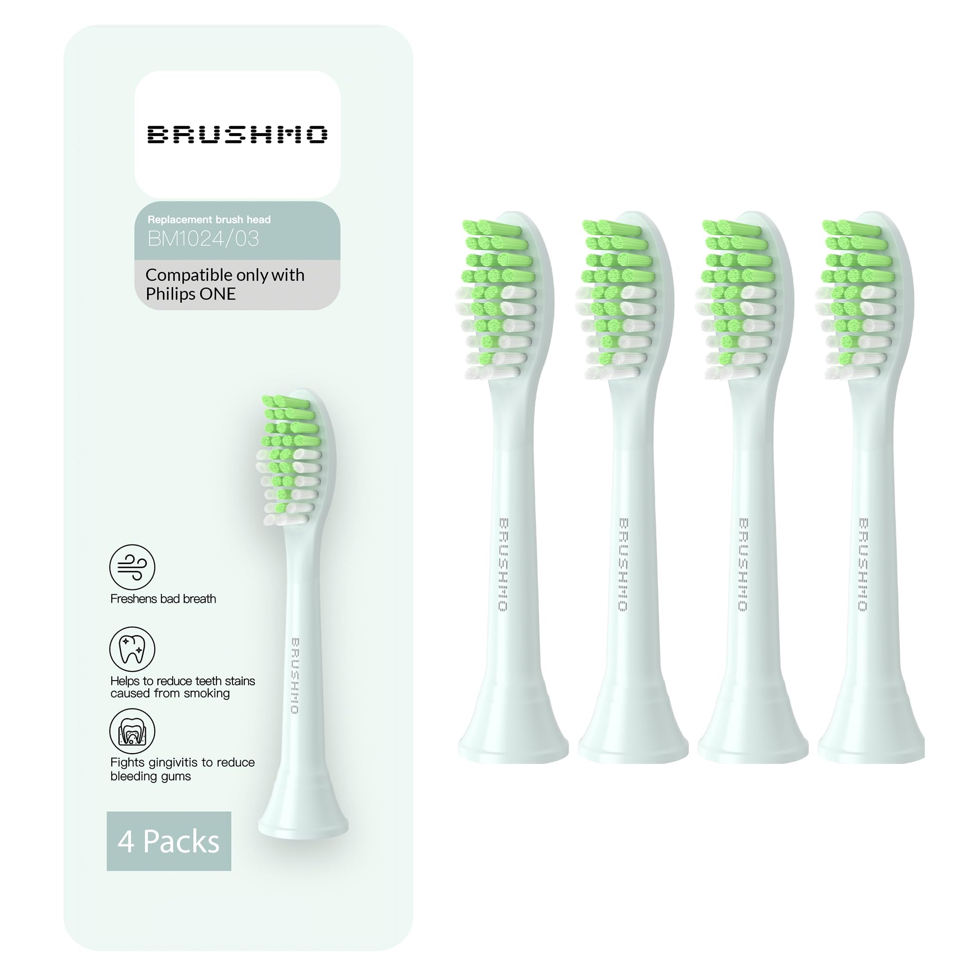 Brushmo replacement toothbrush heads for Philips One HY1022, mint blue, 4-pack