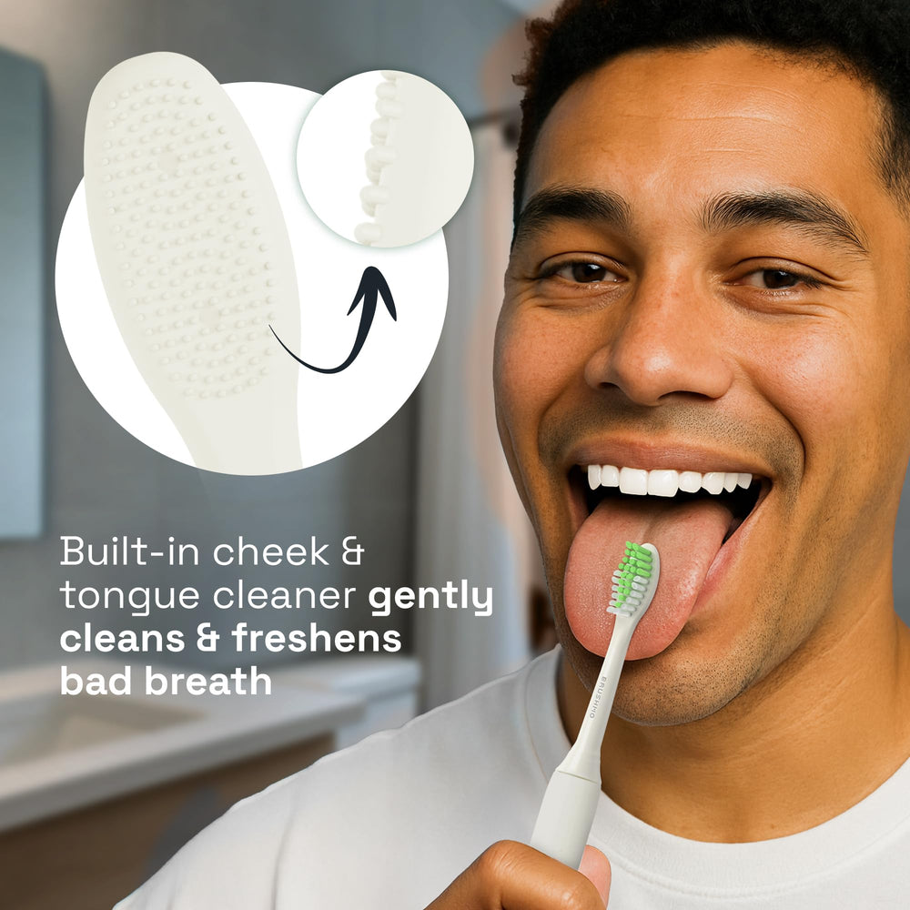 Brushmo head showing tongue cleaner on the back for Philips ONE