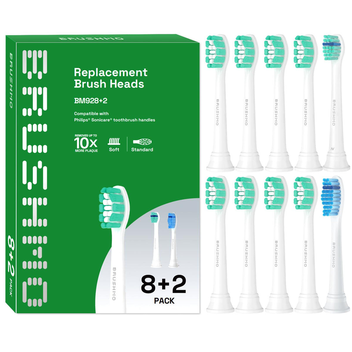 Brushmo 10-pack replacement heads for Philips Sonicare – white, front view