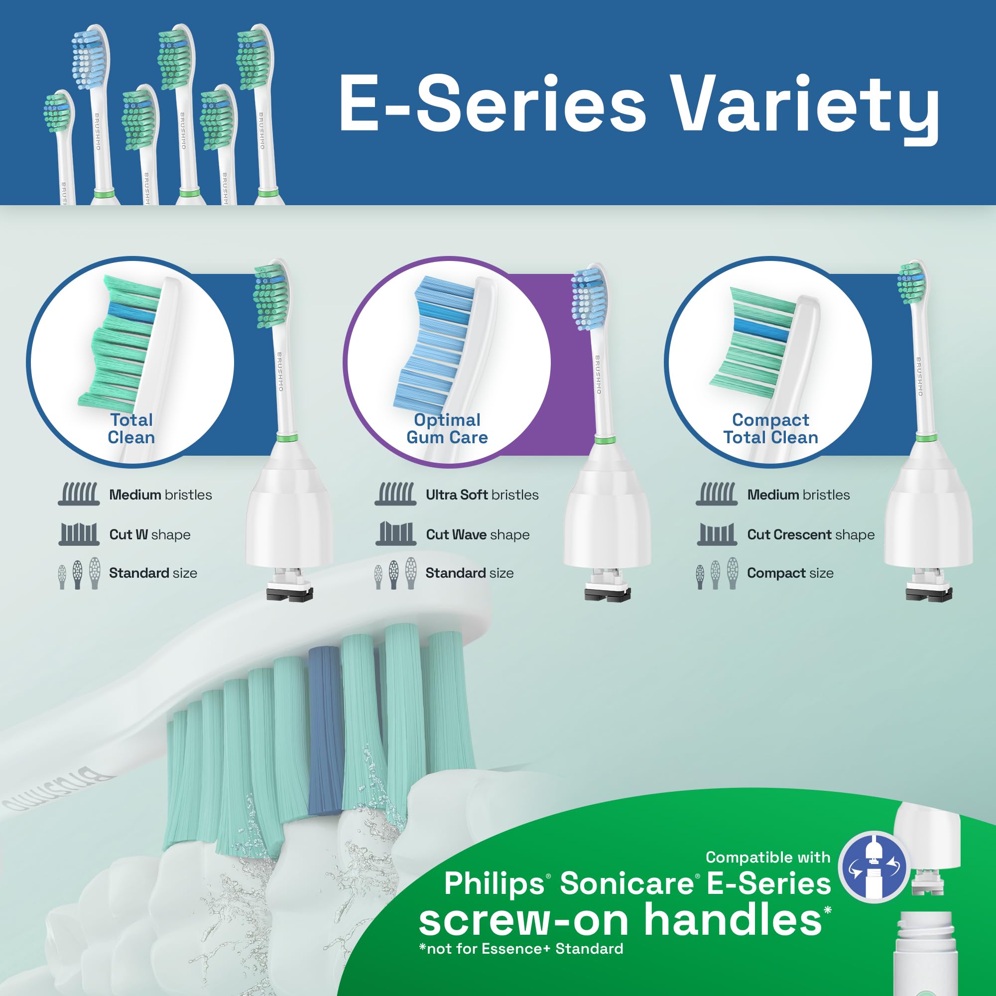 Brushmo e-Series compact replacement toothbrush head for precise cleaning