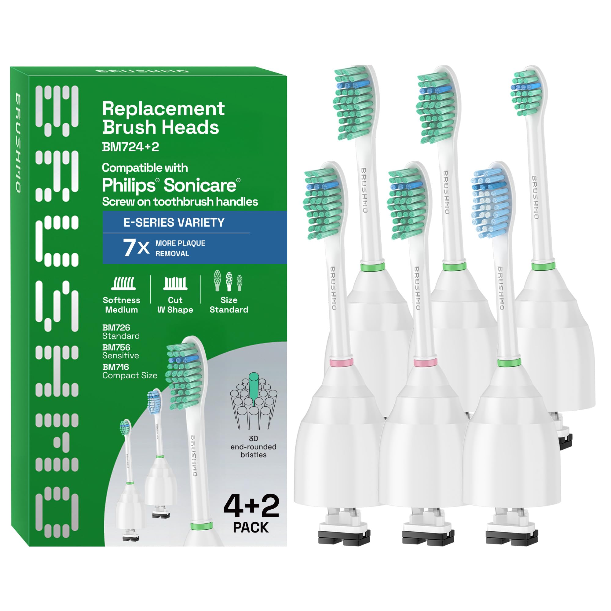 Brushmo e-Series standard replacement toothbrush heads (BM724+2) in white packaging