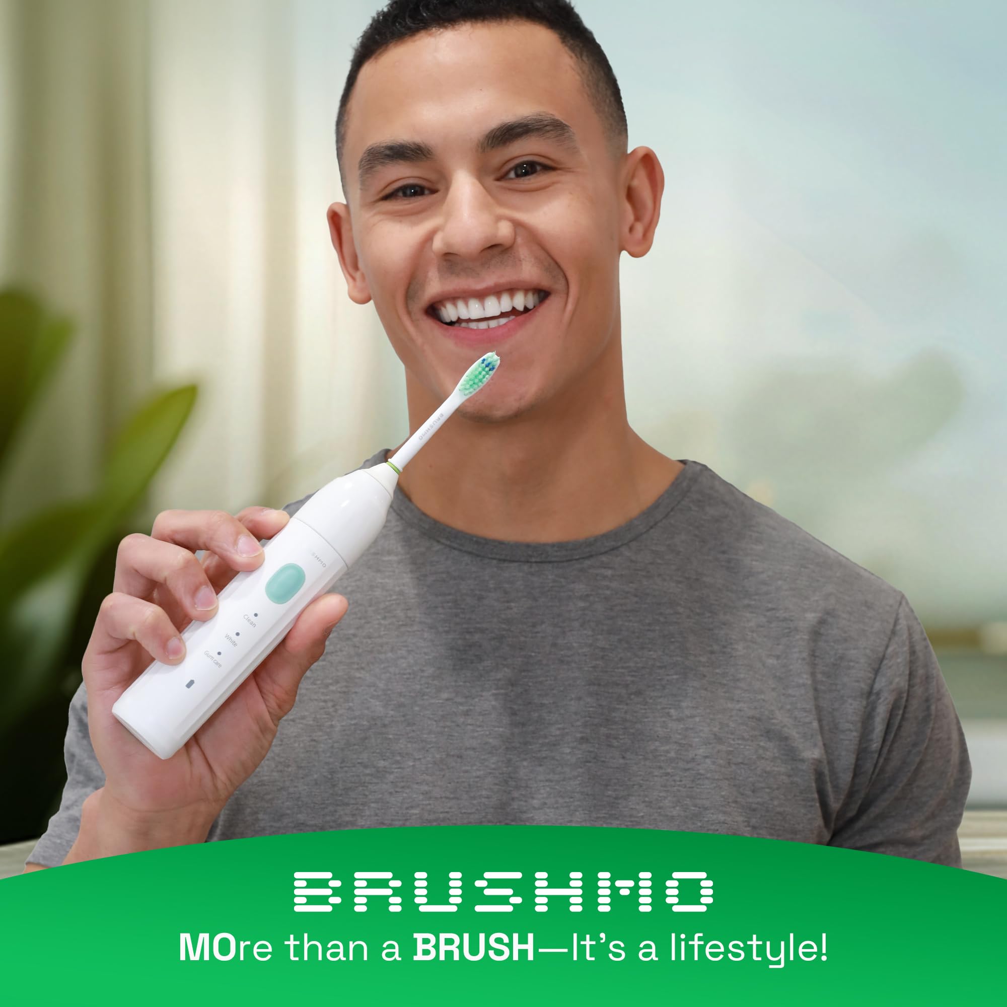 Brushmo e-Series packaging showing 6-head variety bundle in white
